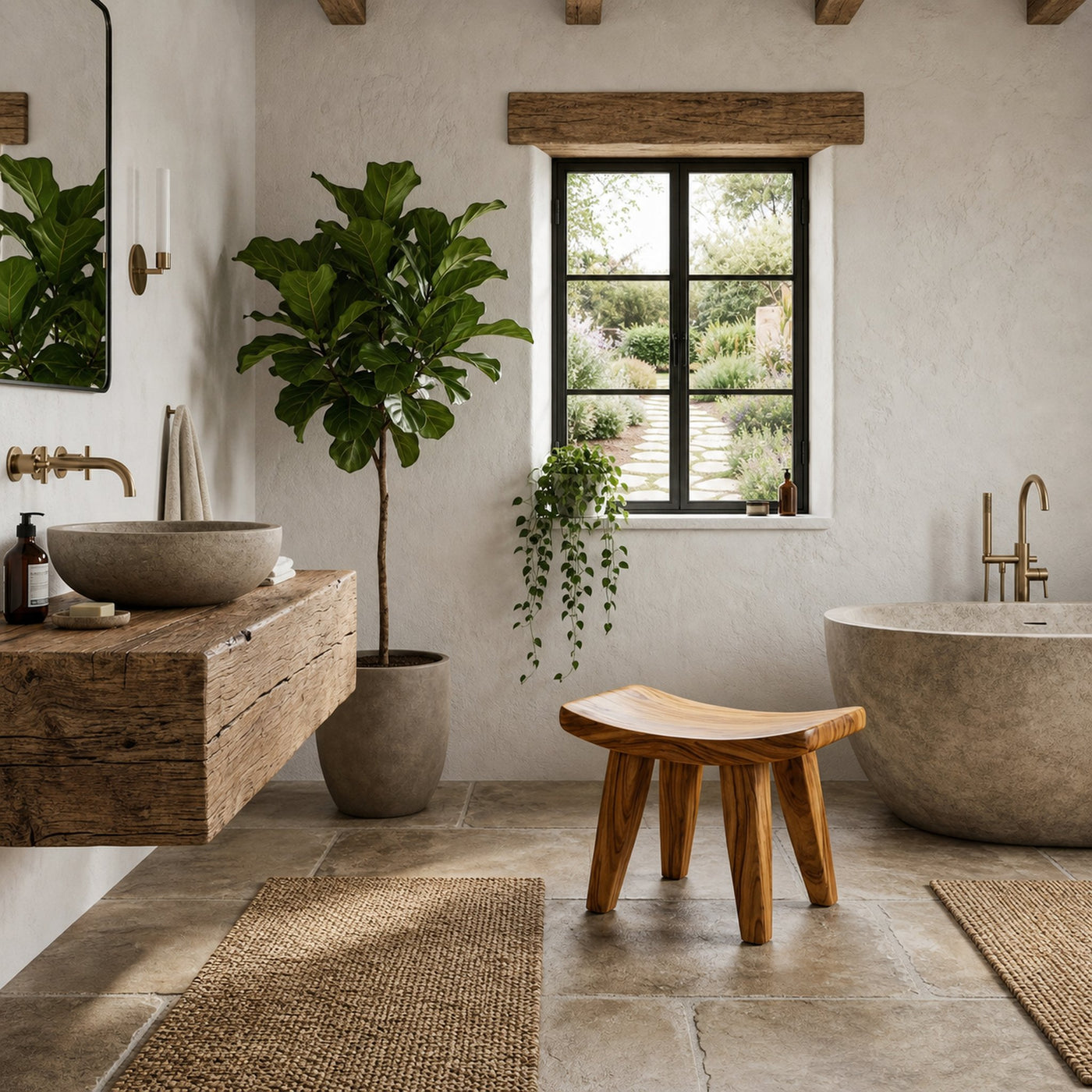 Rustic Wooden Stool With Artistic Solid Wood Form For Bathroom - product view 6