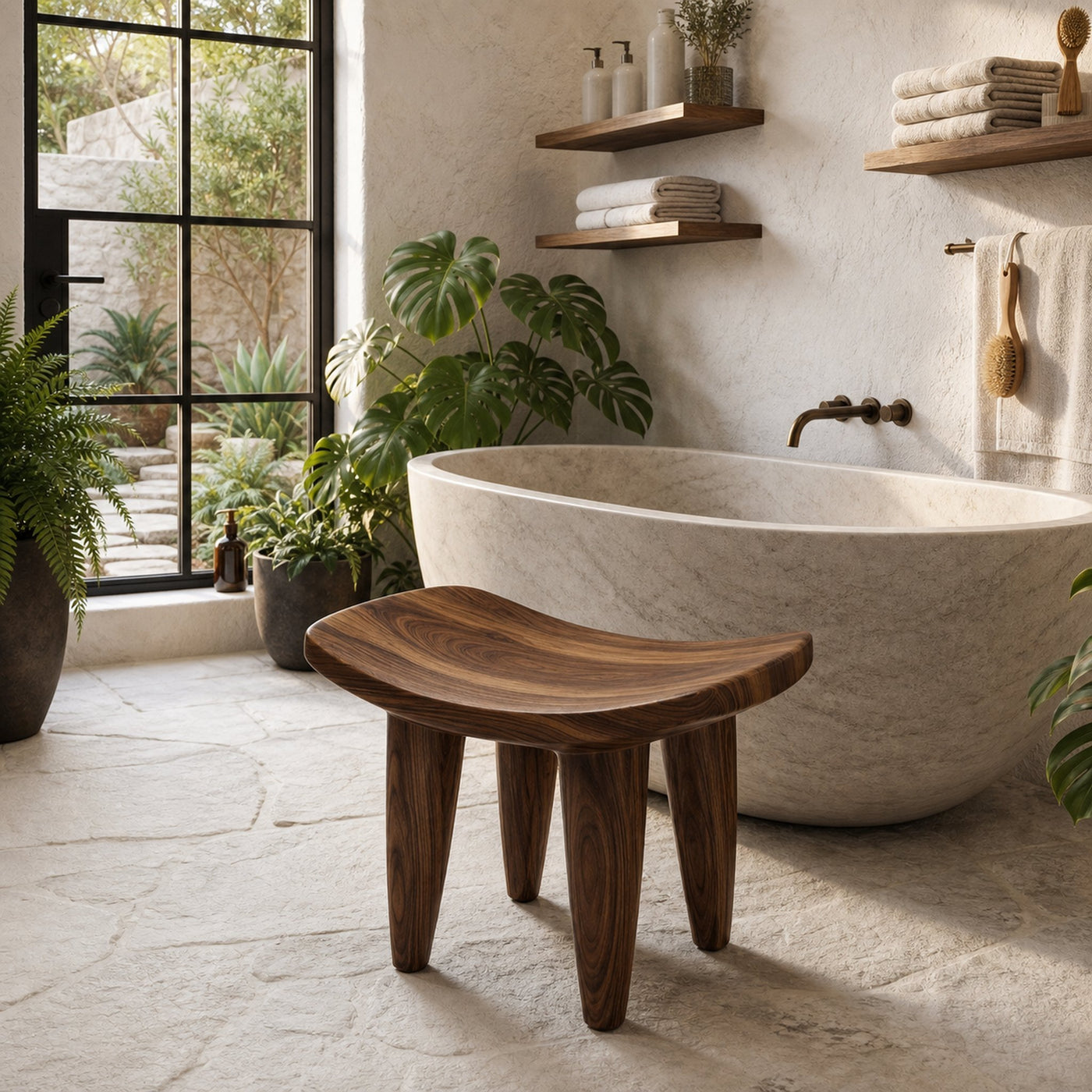 Rustic Wooden Stool With Artistic Solid Wood Form For Bathroom - product view 7