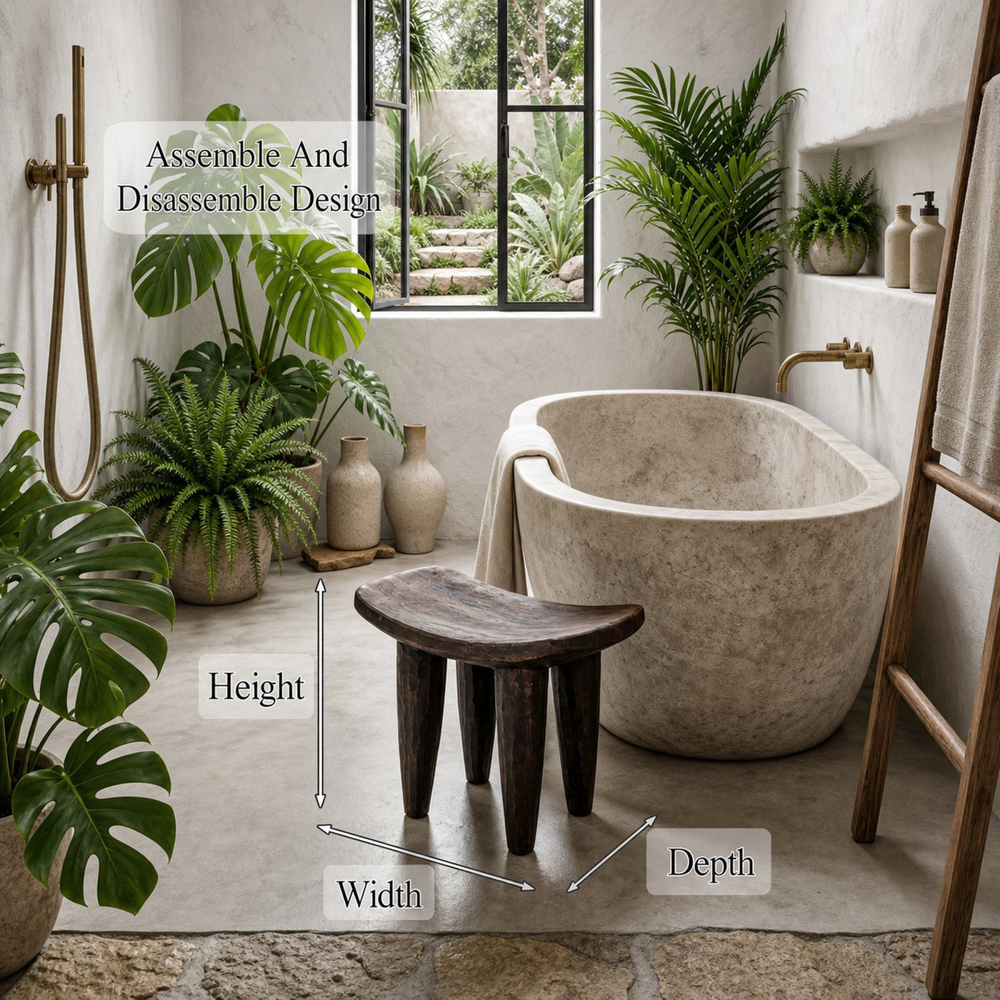 Rustic Wooden Stool With Artistic Solid Wood Form For Bathroom - product view 8