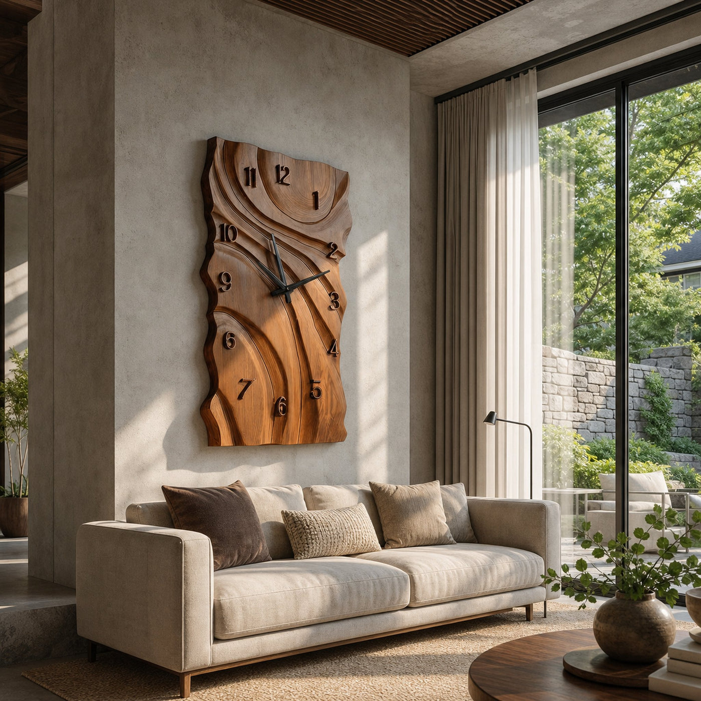 Rustic Wooden Wall Clock With Carved Design For Home