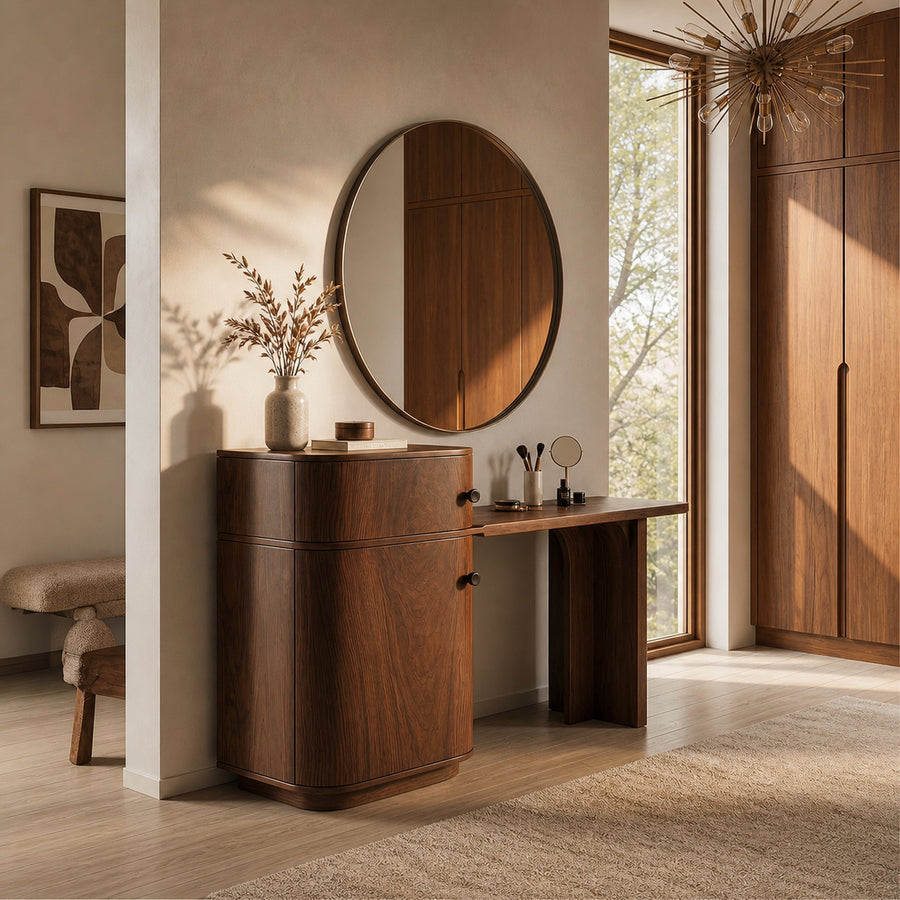 Scandinavian Dressing Table With Storage Cabinet Warm Minimalist Rounded Design For Bedroom