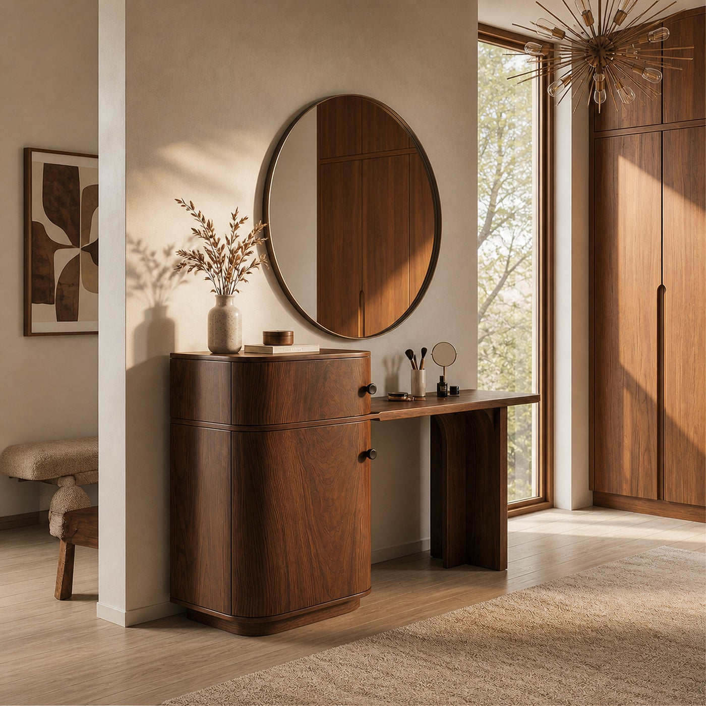 Scandinavian Dressing Table With Storage Cabinet Warm Minimalist Rounded Design For Bedroom