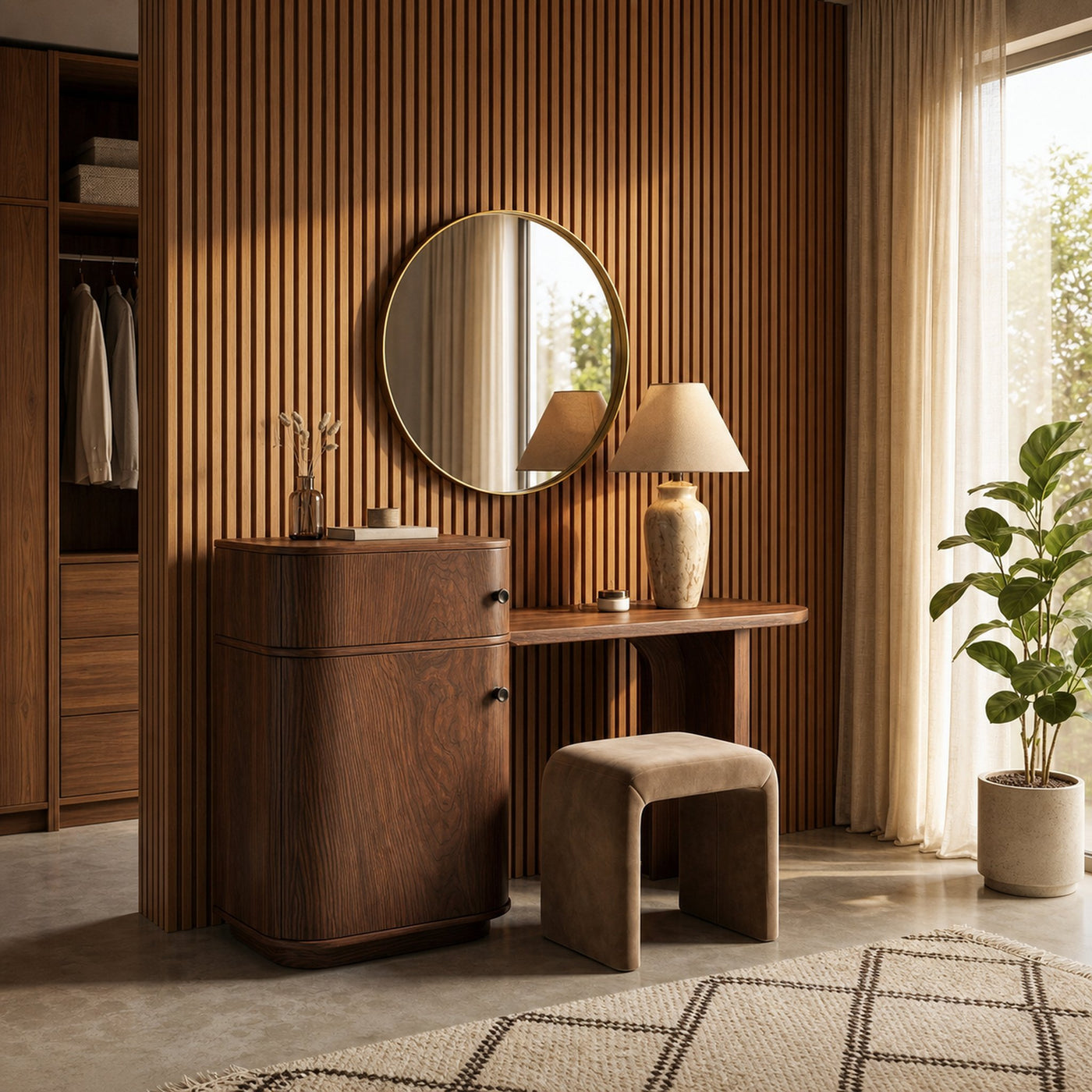 Scandinavian Dressing Table With Storage Cabinet Warm Minimalist Rounded Design For Bedroom - product view 7