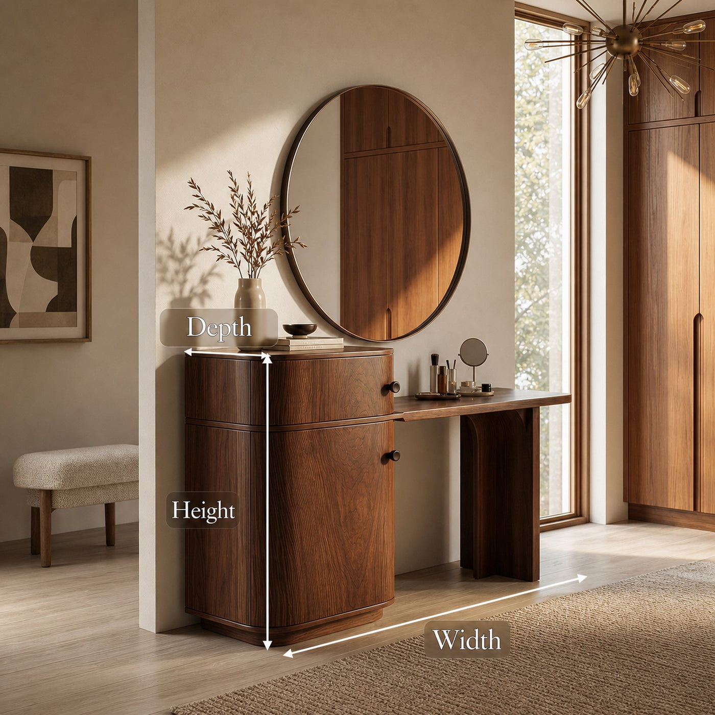 Scandinavian Dressing Table With Storage Cabinet Warm Minimalist Rounded Design For Bedroom - product view 8