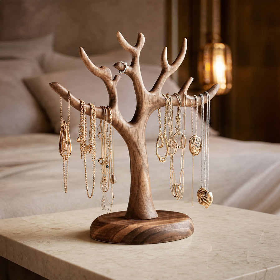 Scandinavian Wooden Jewelry Tree Display Natural Finish