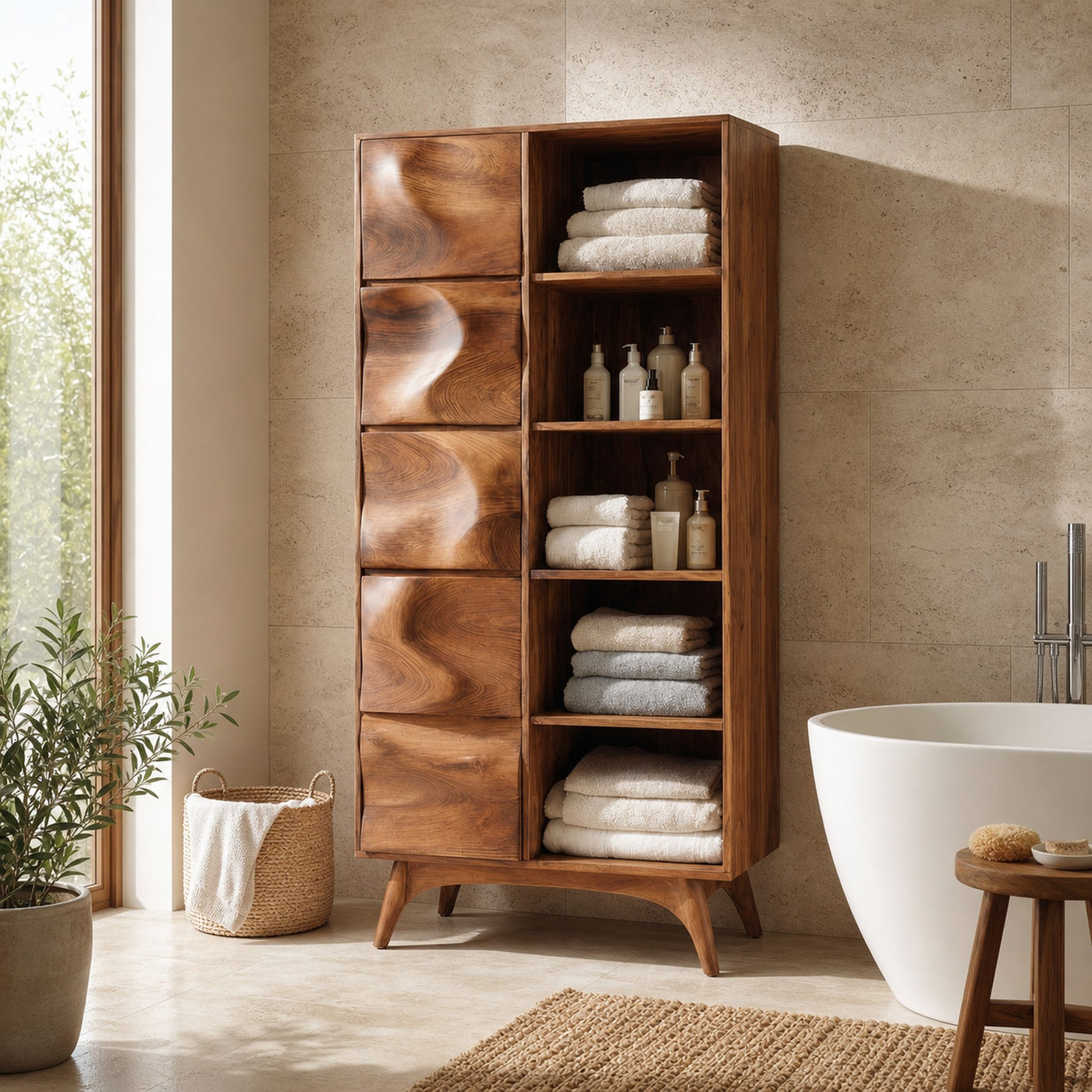 Sculpted Wood Bathroom Cabinet With Wavy Doors For Spa Decor