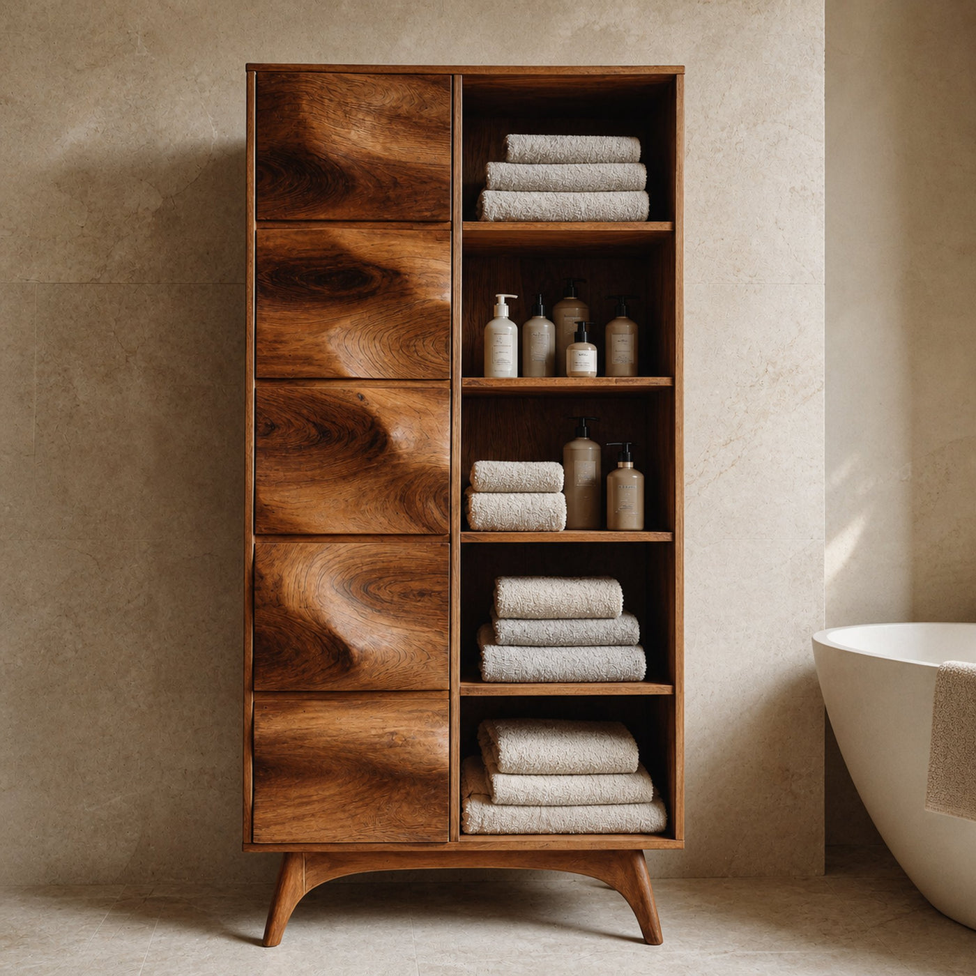 Sculpted Wood Bathroom Cabinet With Wavy Doors For Spa Decor - product view 6