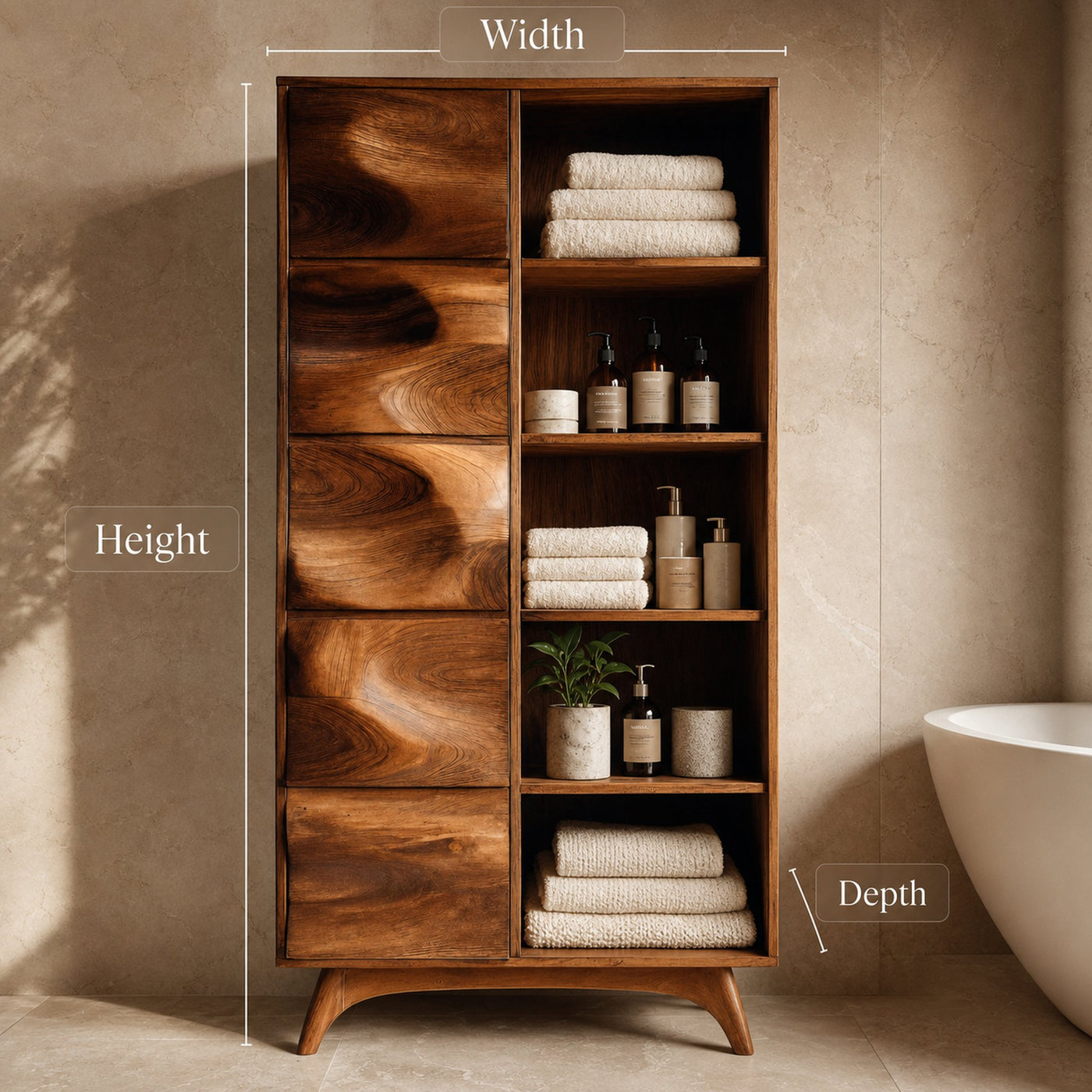Sculpted Wood Bathroom Cabinet With Wavy Doors For Spa Decor - product view 7