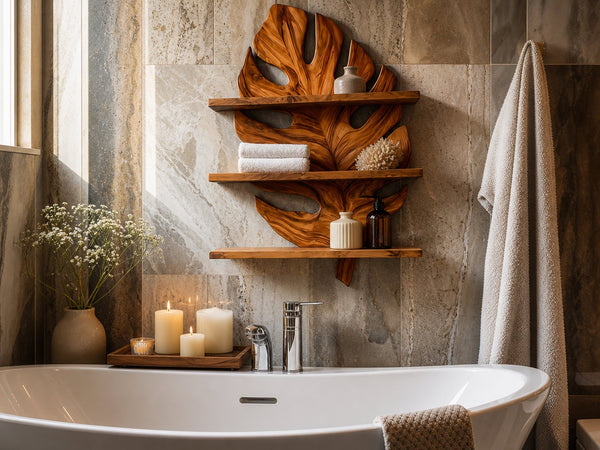 Frond Cloudburst Solid Wood Bathroom Shelf with Leaf Shape