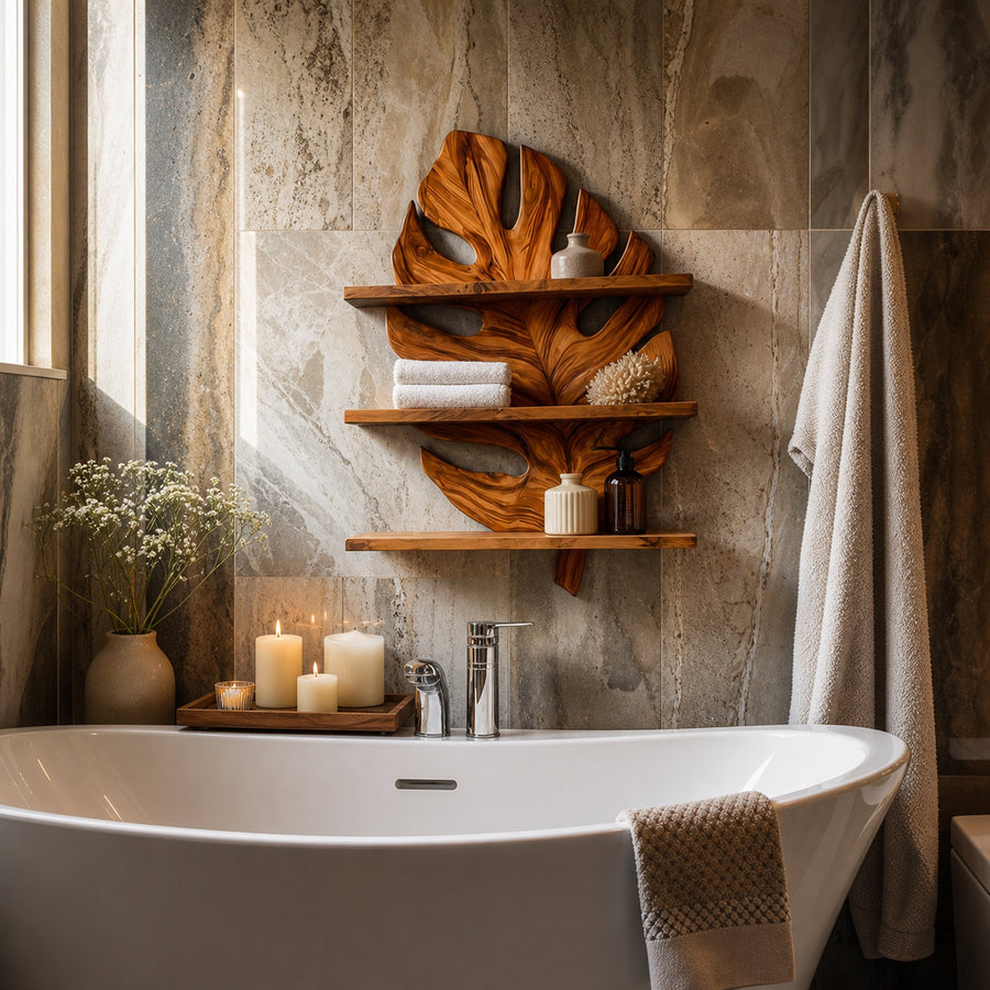 Sculpted Wooden Leaf Bathroom Shelf For Elegant Bathroom