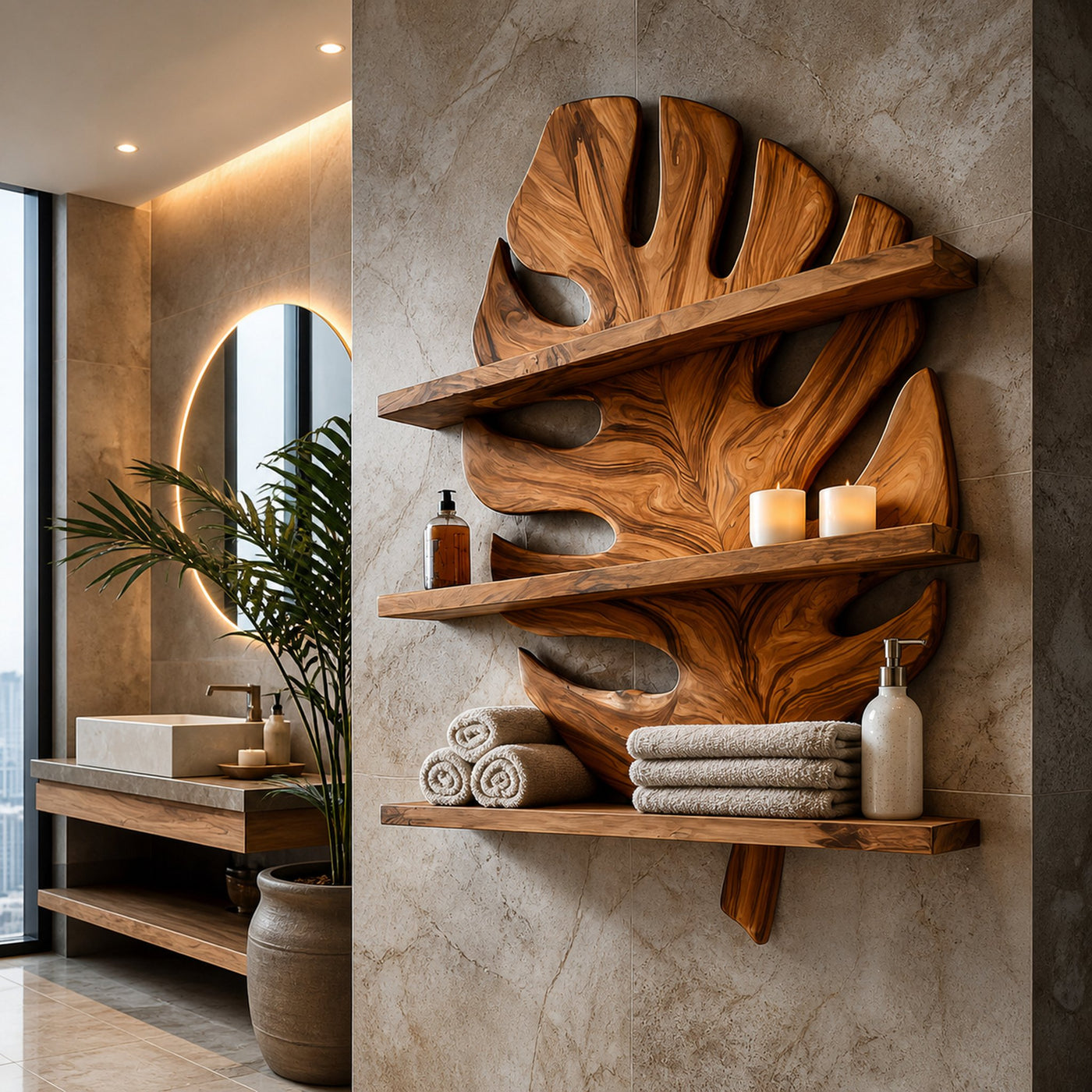 Sculpted Wooden Leaf Bathroom Shelf For Elegant Bathroom - product view 6