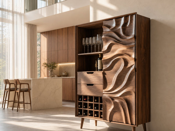Sculptural Bar Cabinet With Wave Carved Doors For Kitchen