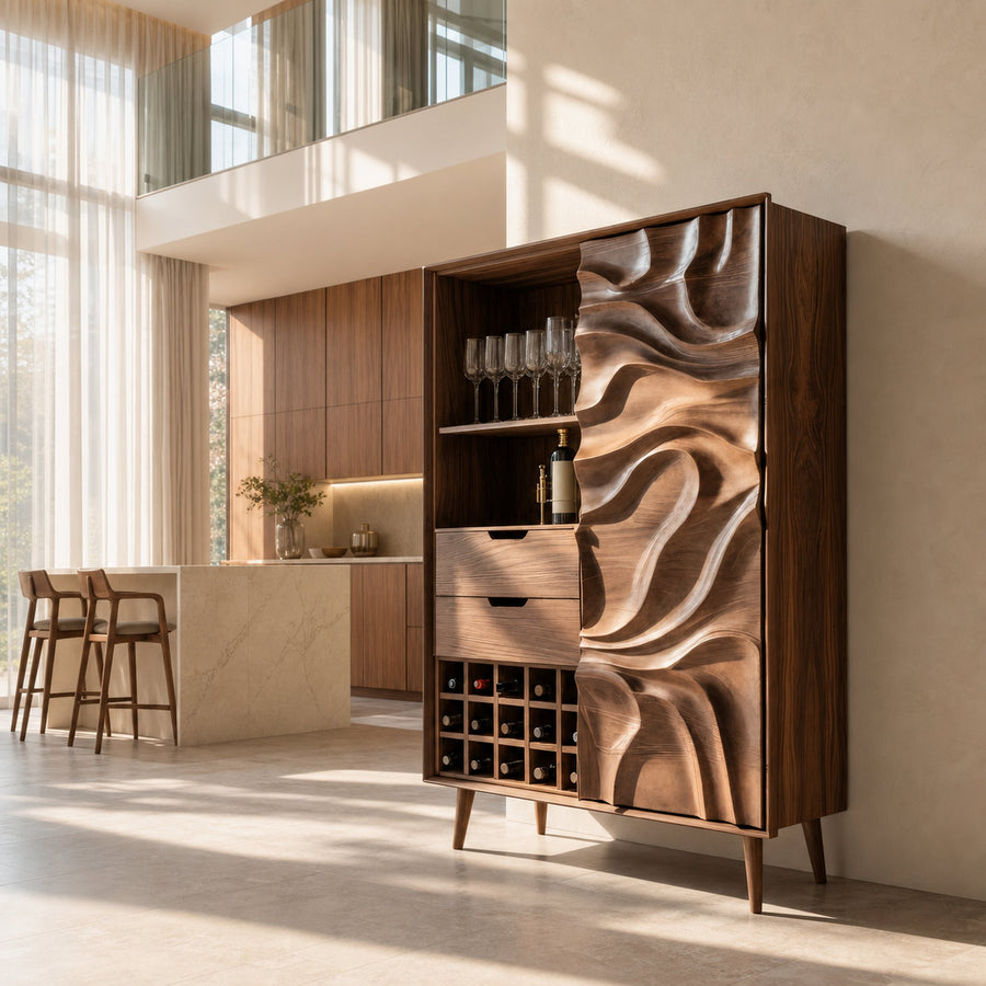 Sculptural Bar Cabinet With Wave Carved Doors For Kitchen