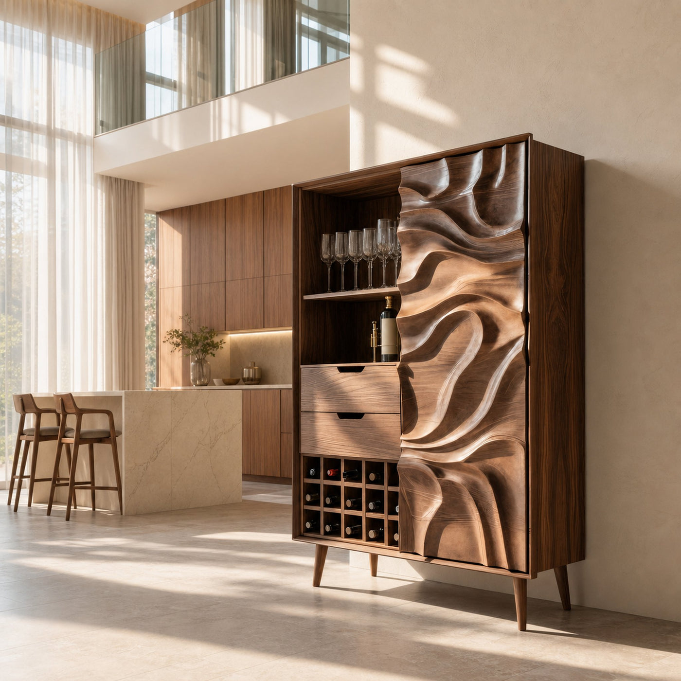 Sculptural Bar Cabinet With Wave Carved Doors For Kitchen