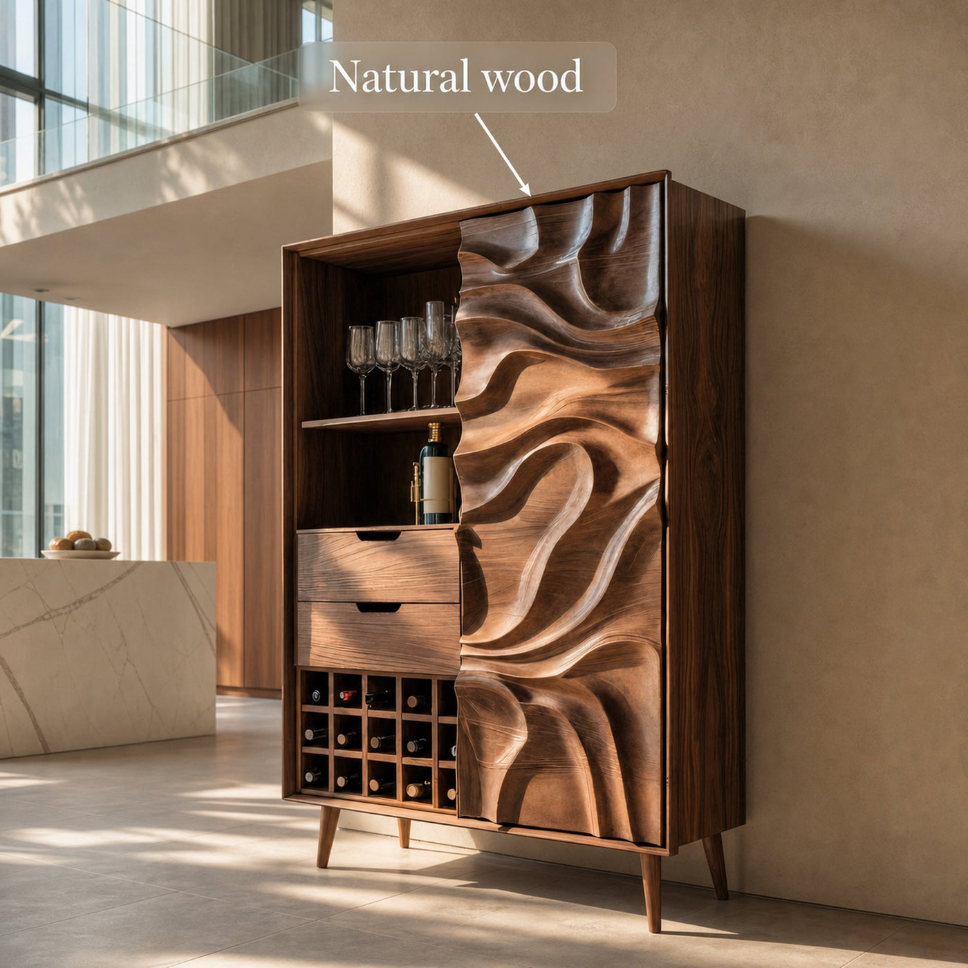 Sculptural Bar Cabinet With Wave Carved Doors For Kitchen - product view 6