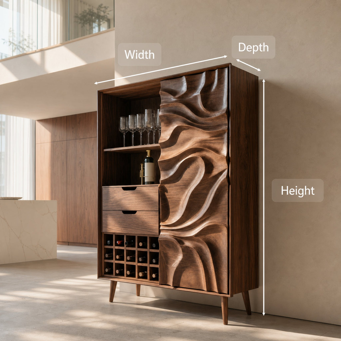 Sculptural Bar Cabinet With Wave Carved Doors For Kitchen - product view 8