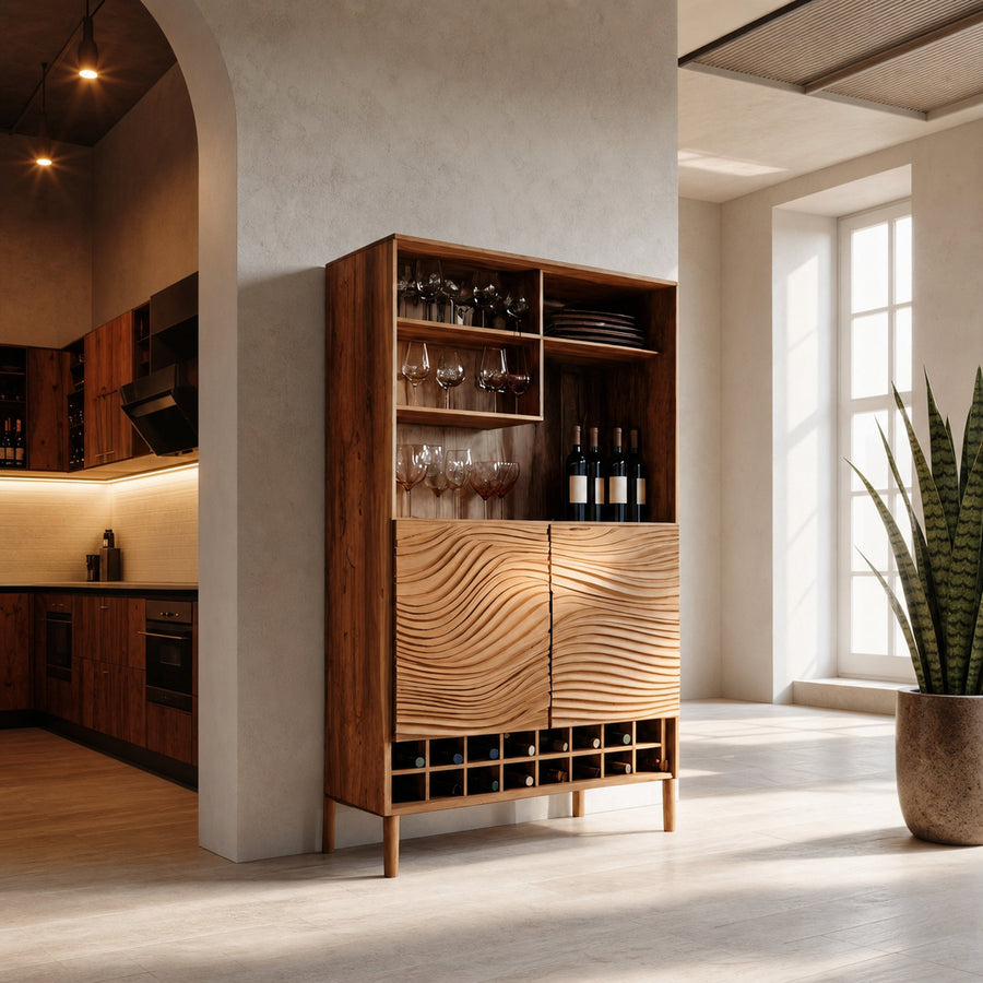 Sculptural Bar Cabinet With Wave Doors And Wine Storage For Kitchen