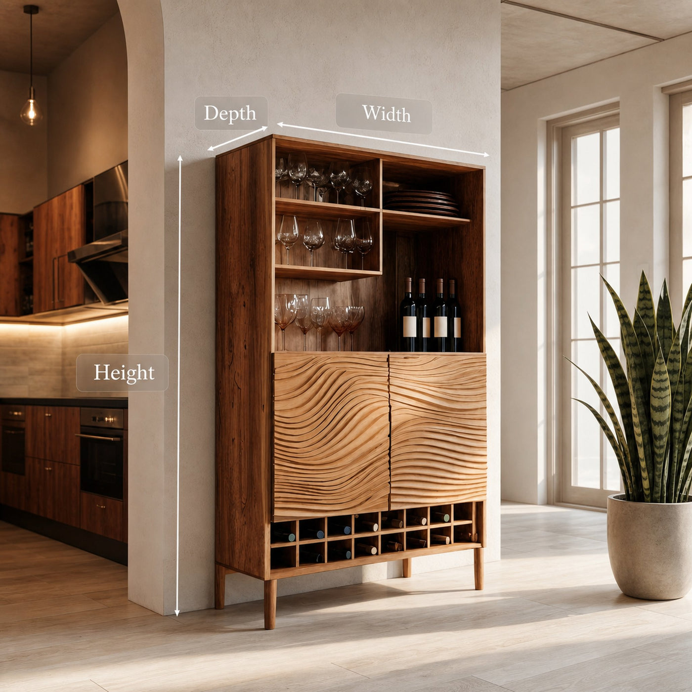 Sculptural Bar Cabinet With Wave Doors And Wine Storage For Kitchen - product view 6