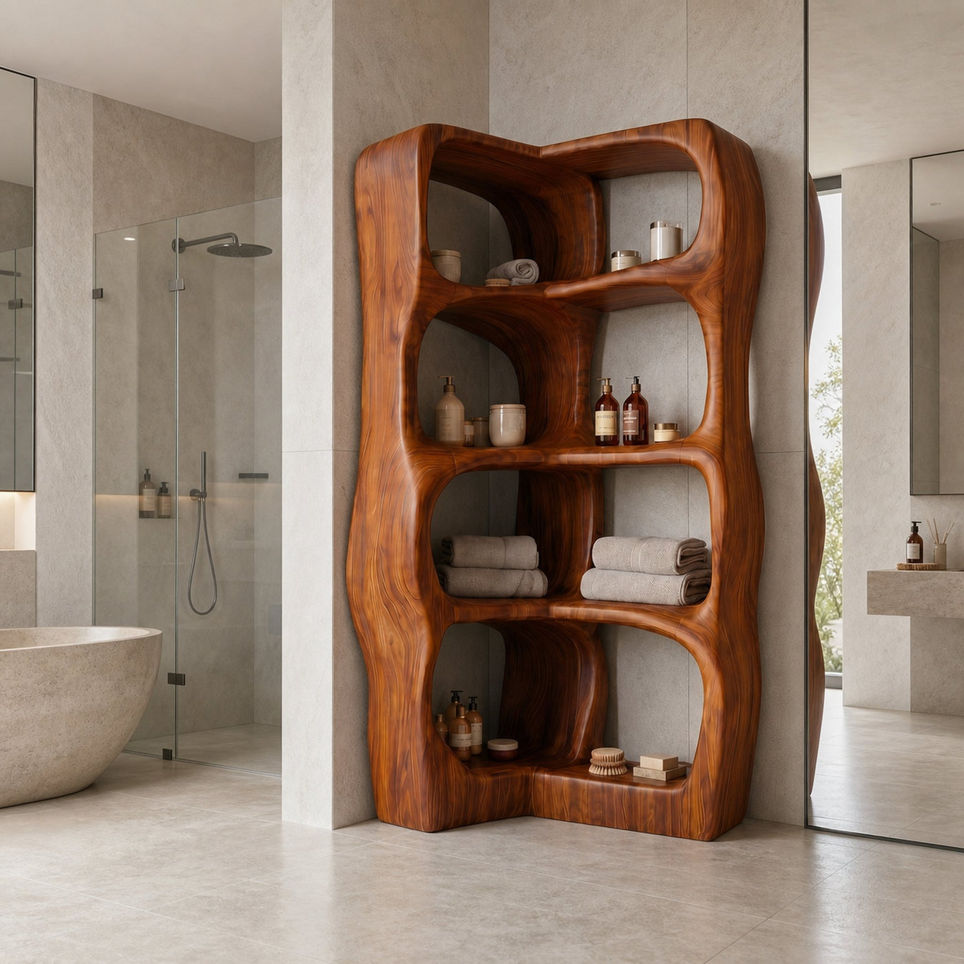 Sculptural Bathroom Cabinet With Freeform Curved Shelves For Bathroom