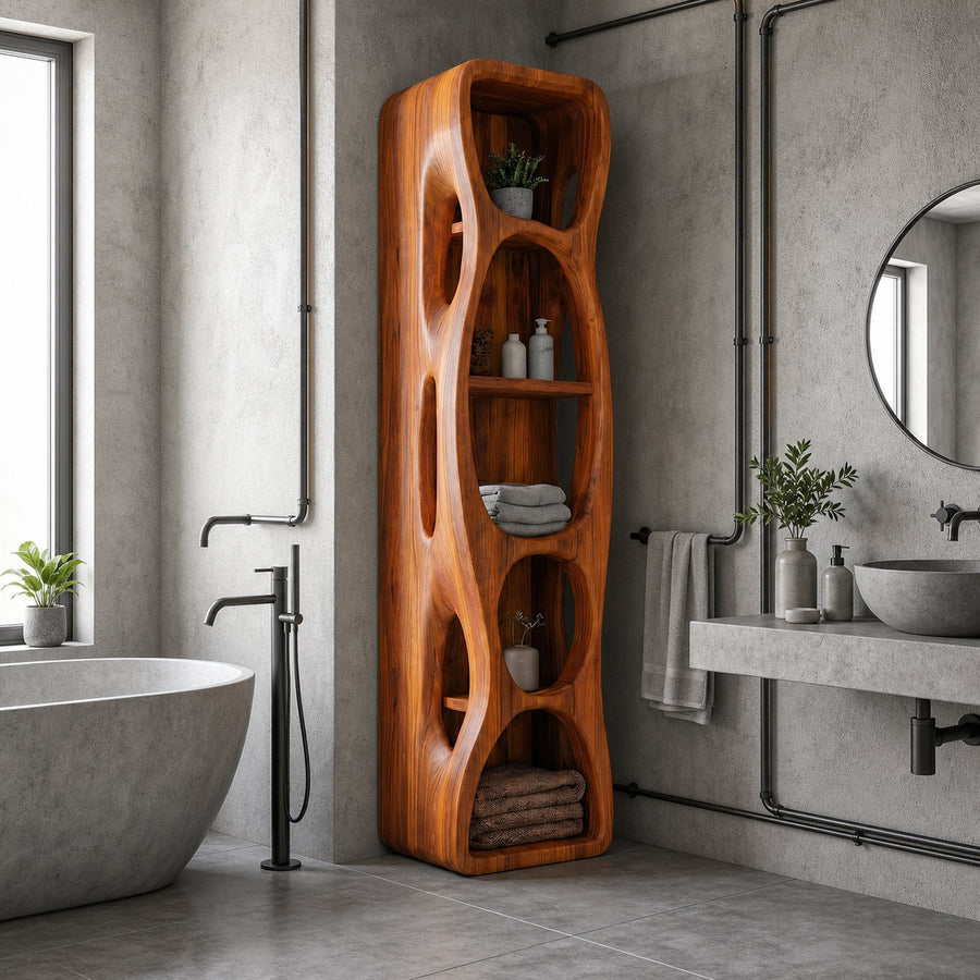 Sculptural Bathroom Cabinet With Hollow Cut Design And Open Shelving For Bathroom