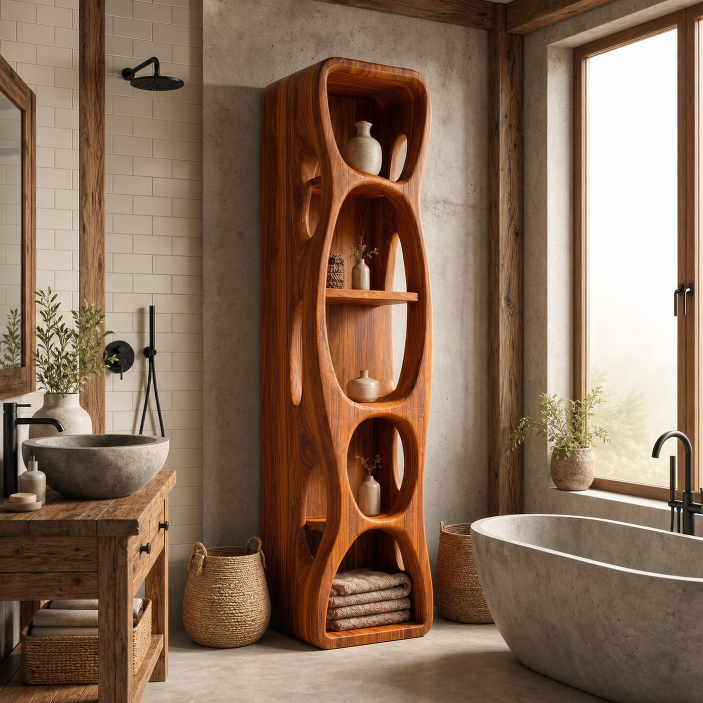 Sculptural Bathroom Cabinet With Hollow Cut Design And Open Shelving For Bathroom - product view 6