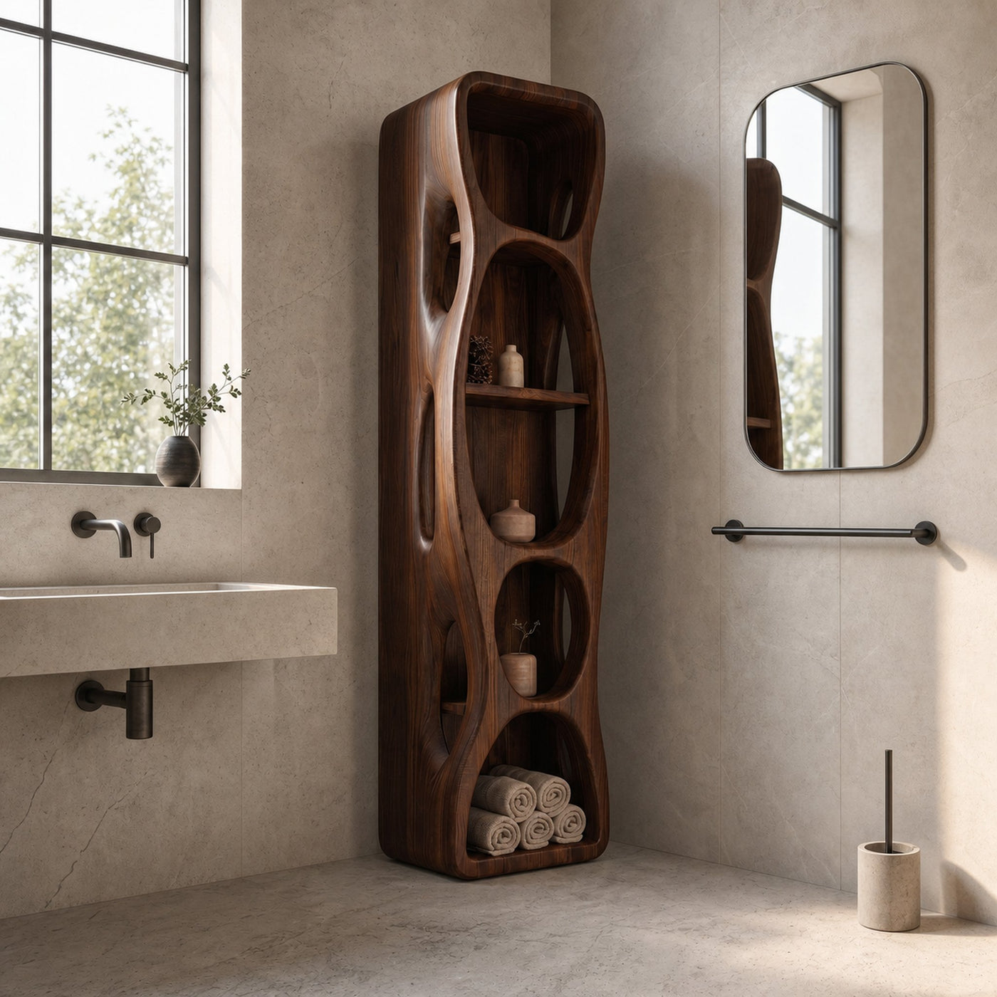 Sculptural Bathroom Cabinet With Hollow Cut Design And Open Shelving For Bathroom - product view 7