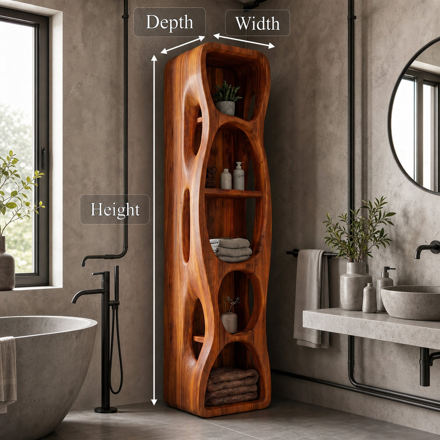 Sculptural Bathroom Cabinet With Hollow Cut Design And Open Shelving For Bathroom - product view 8