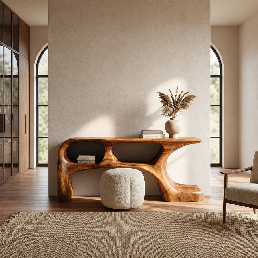 Sculptural Dressing Table Solid Wood Flowing Curve With Shelf Design Bedroom And Vanity Space