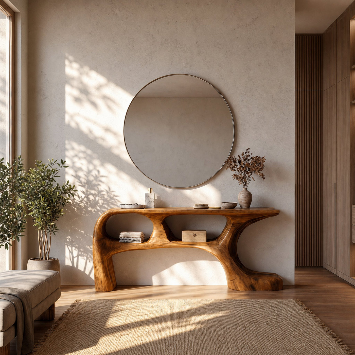 Sculptural Dressing Table Solid Wood Flowing Curve With Shelf Design Bedroom And Vanity Space - product view 6
