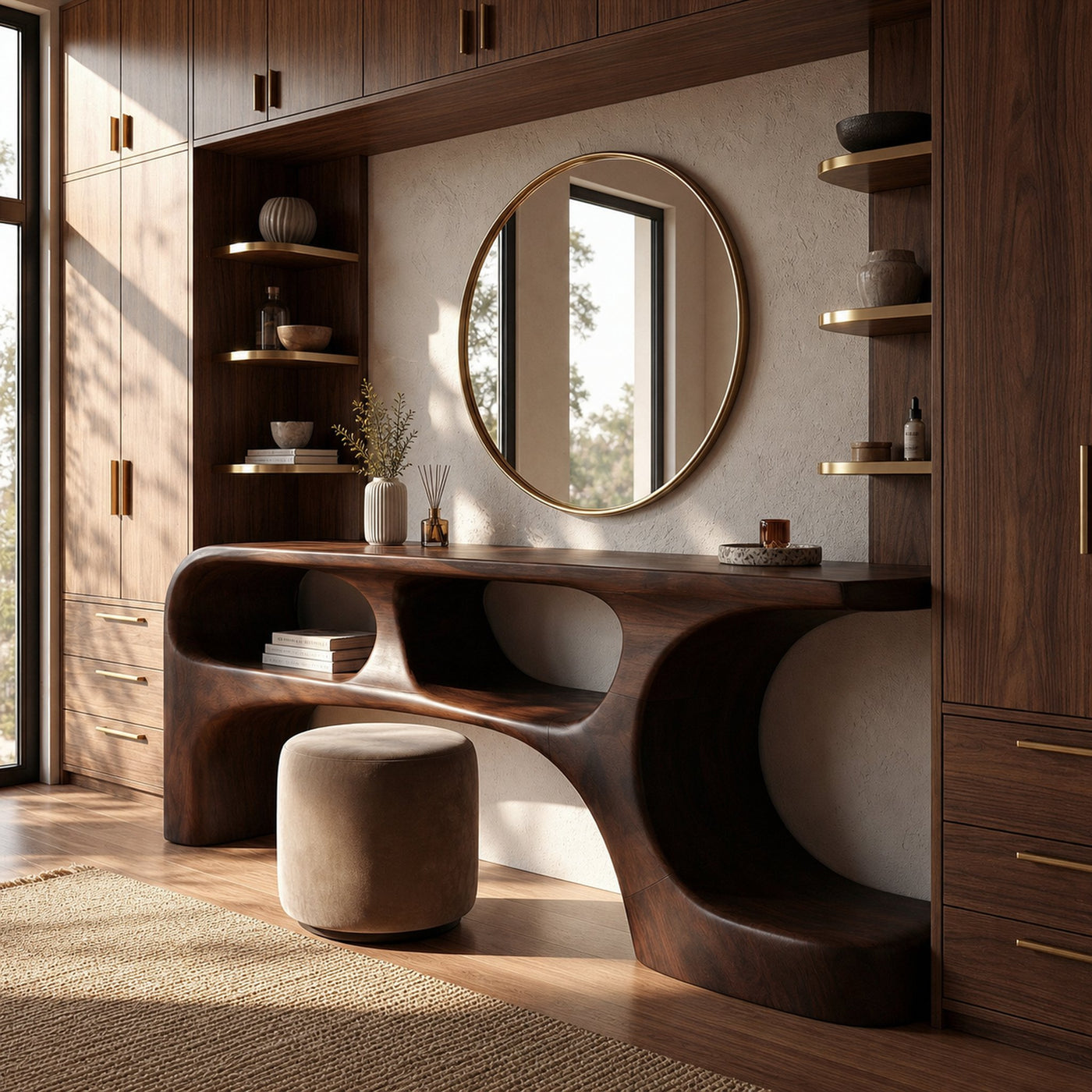 Sculptural Dressing Table Solid Wood Flowing Curve With Shelf Design Bedroom And Vanity Space - product view 7