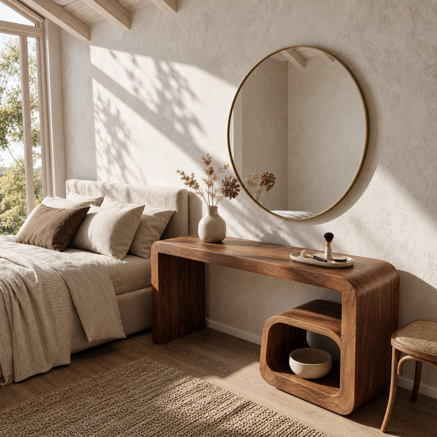 Sculptural Dressing Table With Curved Wood Silhouette For Bedroom Decor