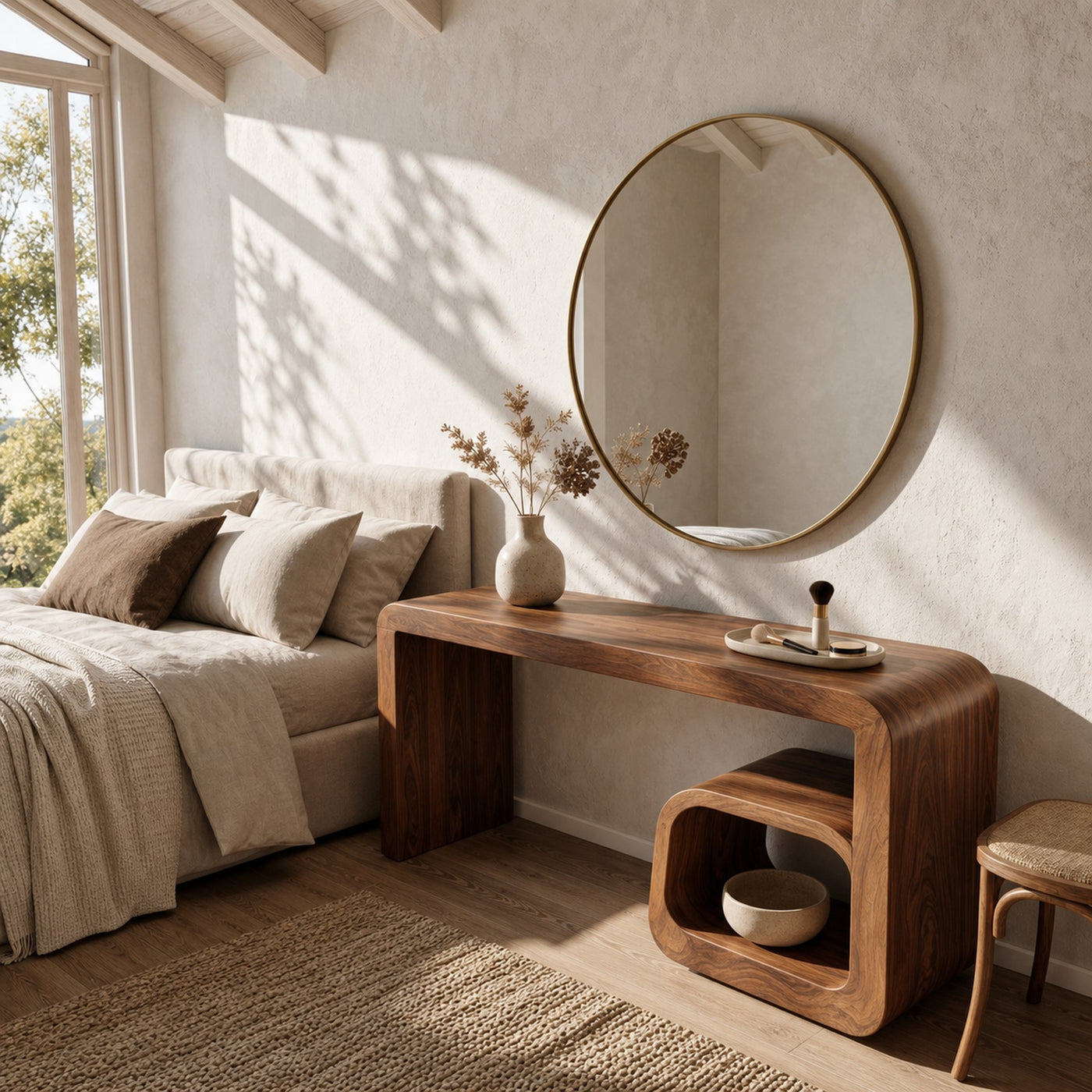 Sculptural Dressing Table With Curved Wood Silhouette For Bedroom Decor