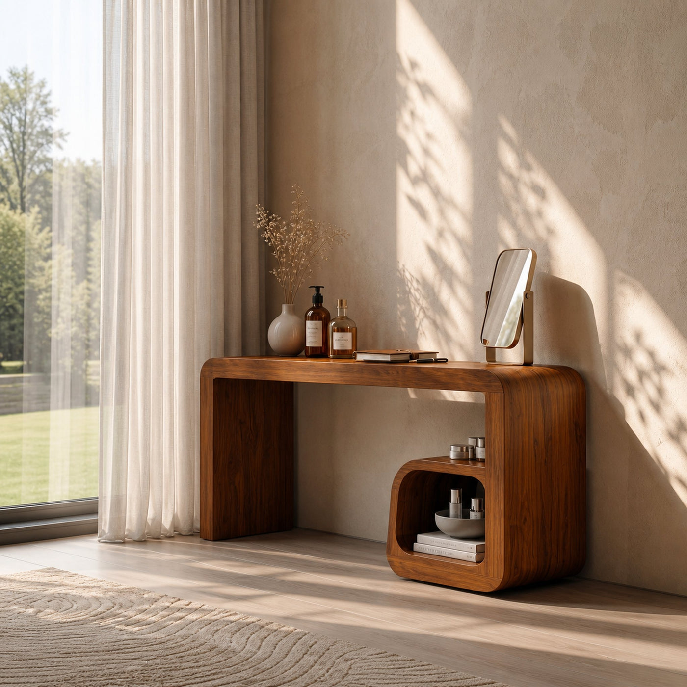 Sculptural Dressing Table With Curved Wood Silhouette For Bedroom Decor - product view 6