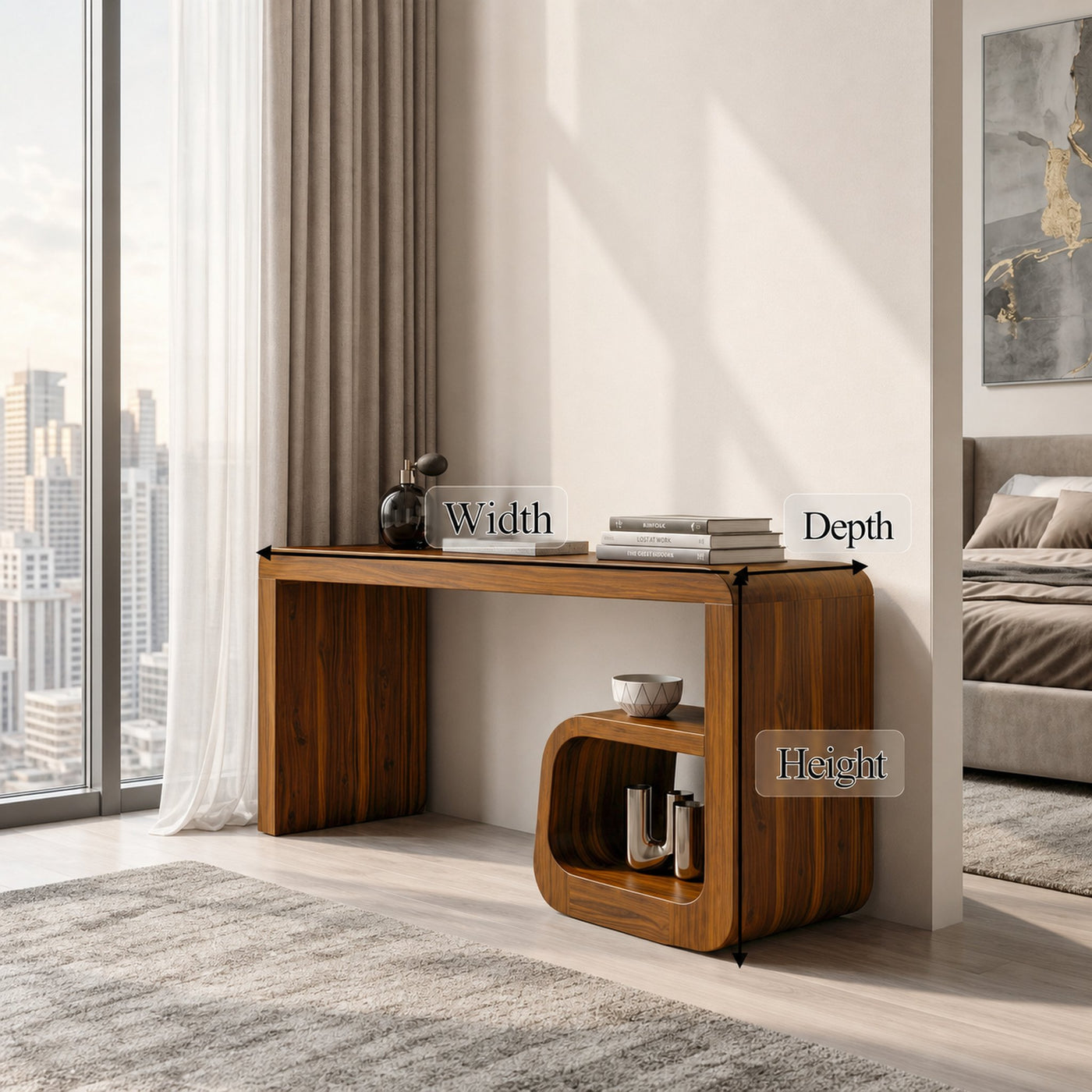 Sculptural Dressing Table With Curved Wood Silhouette For Bedroom Decor - product view 8