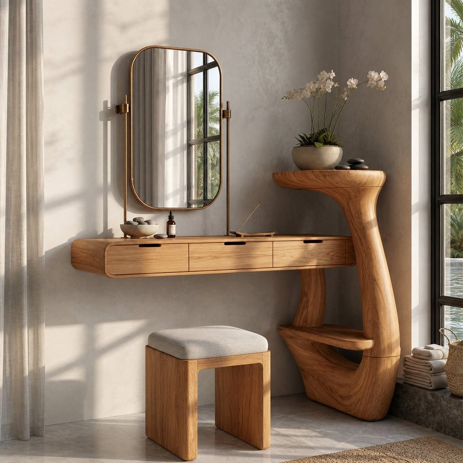 Sculptural Dressing Table With Handcrafted Wood Structure For Bedroom