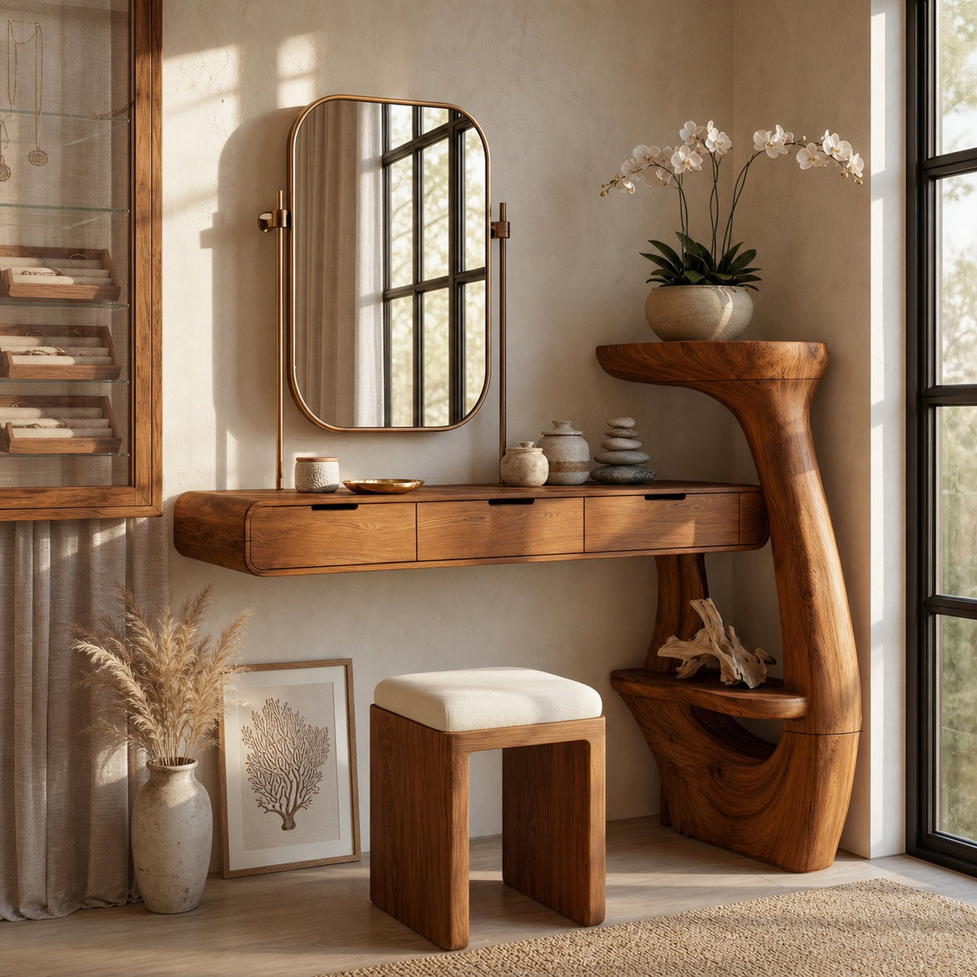 Sculptural Dressing Table With Handcrafted Wood Structure For Bedroom - product view 6