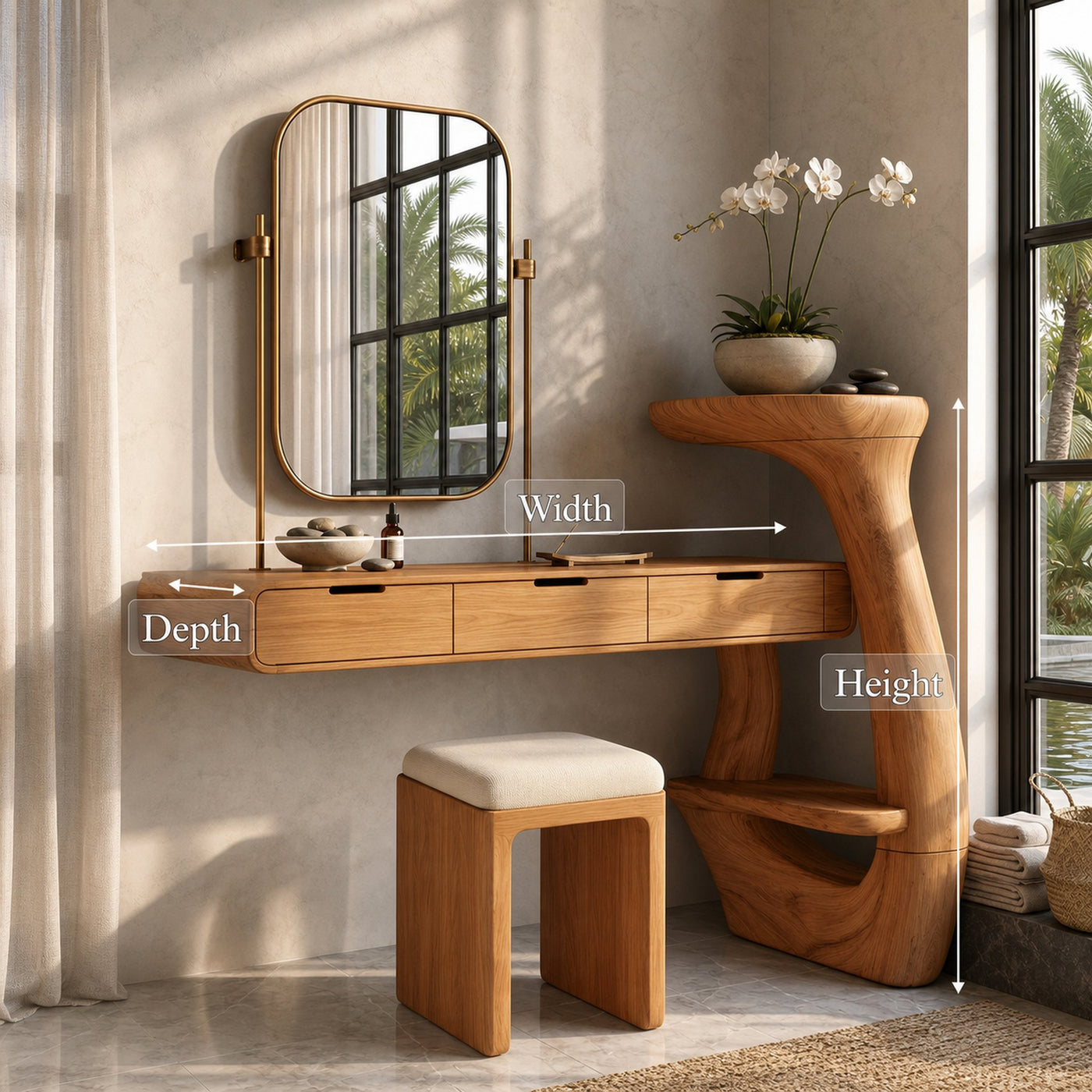 Sculptural Dressing Table With Handcrafted Wood Structure For Bedroom - product view 8