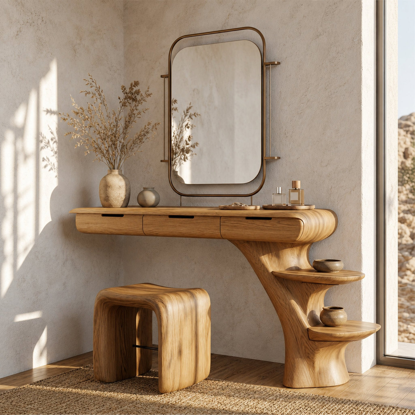 Sculptural Dressing Table With Open Storage Shelves For Bedroom