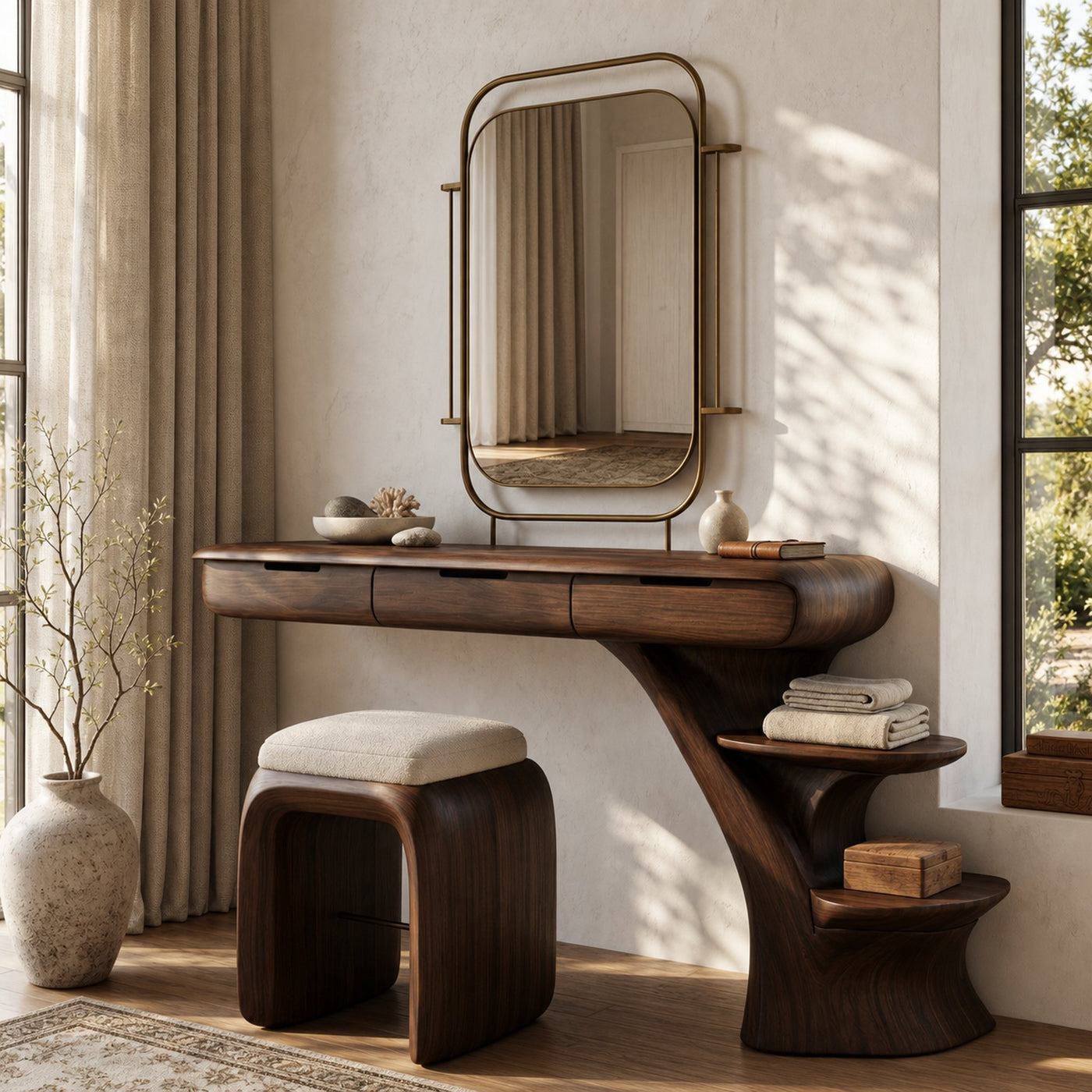 Sculptural Dressing Table With Open Storage Shelves For Bedroom - product view 7