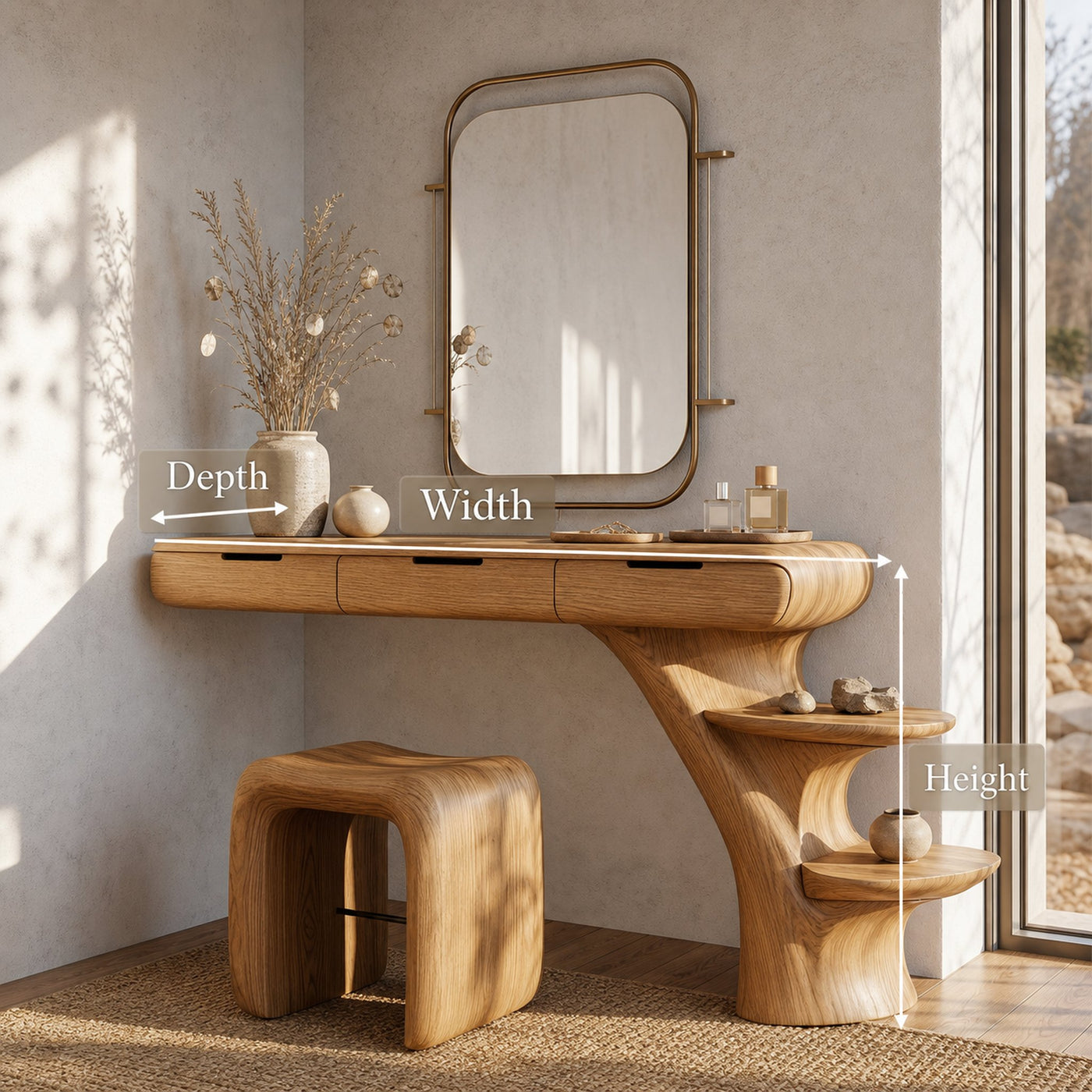 Sculptural Dressing Table With Open Storage Shelves For Bedroom - product view 8