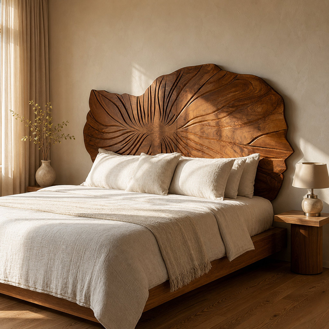 Sculptural Leaf Wood Headboard For Contemporary Neutral Bedroom