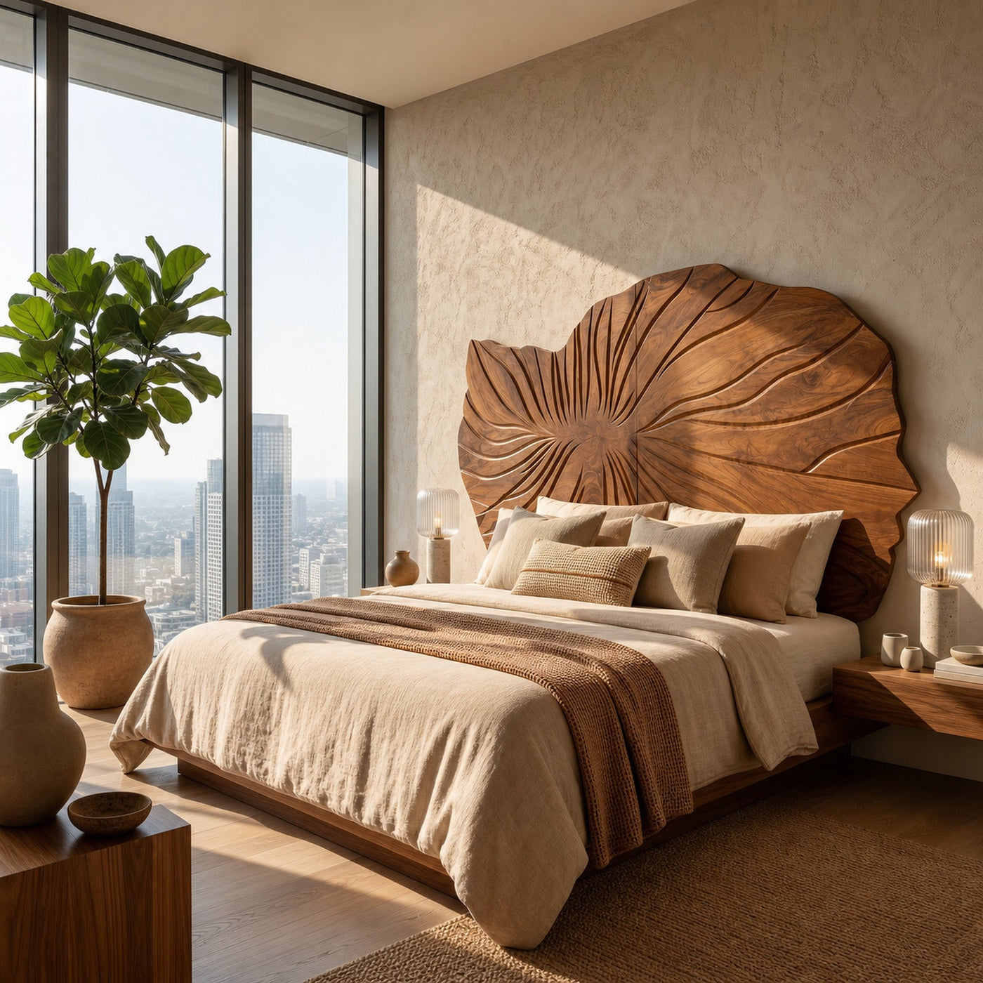 Sculptural Leaf Wood Headboard For Contemporary Neutral Bedroom - product view 6