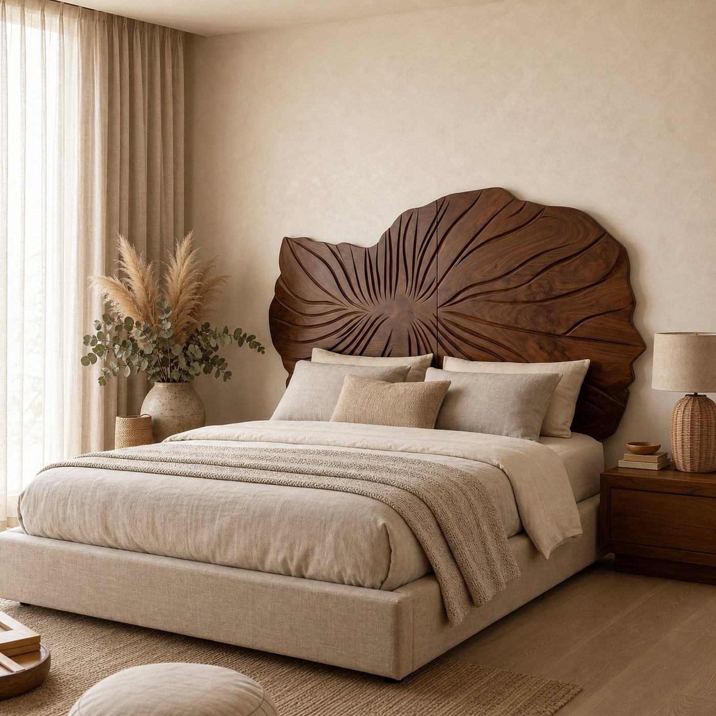 Sculptural Leaf Wood Headboard For Contemporary Neutral Bedroom - product view 7