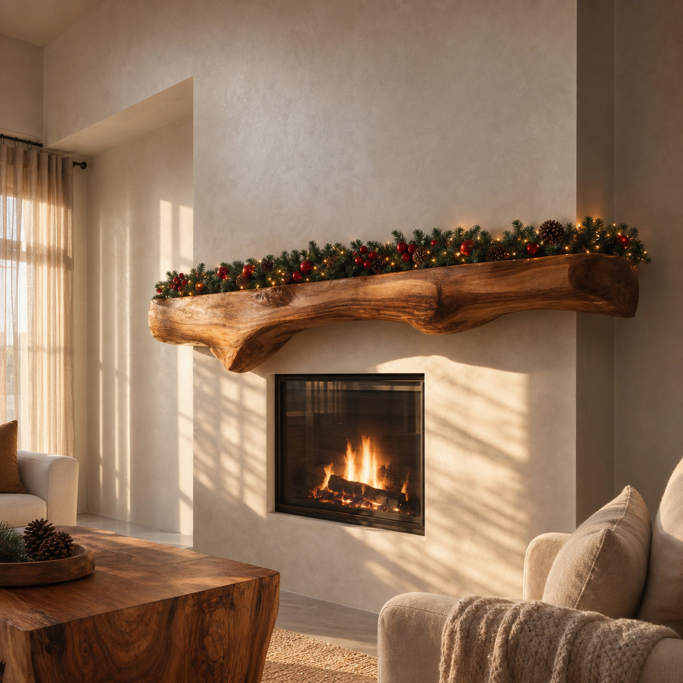 Sculptural Live Edge Fireplace Mantel For Holiday Decoration