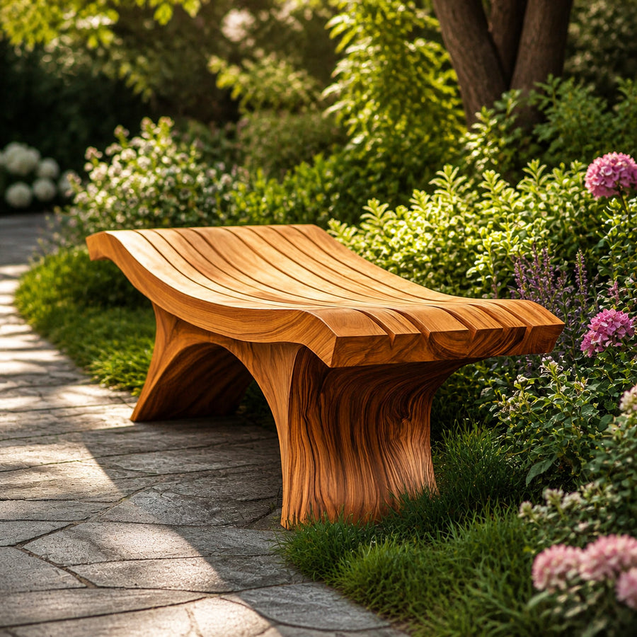 Sculptural Modern Outdoor Wood Bench Garden Patio