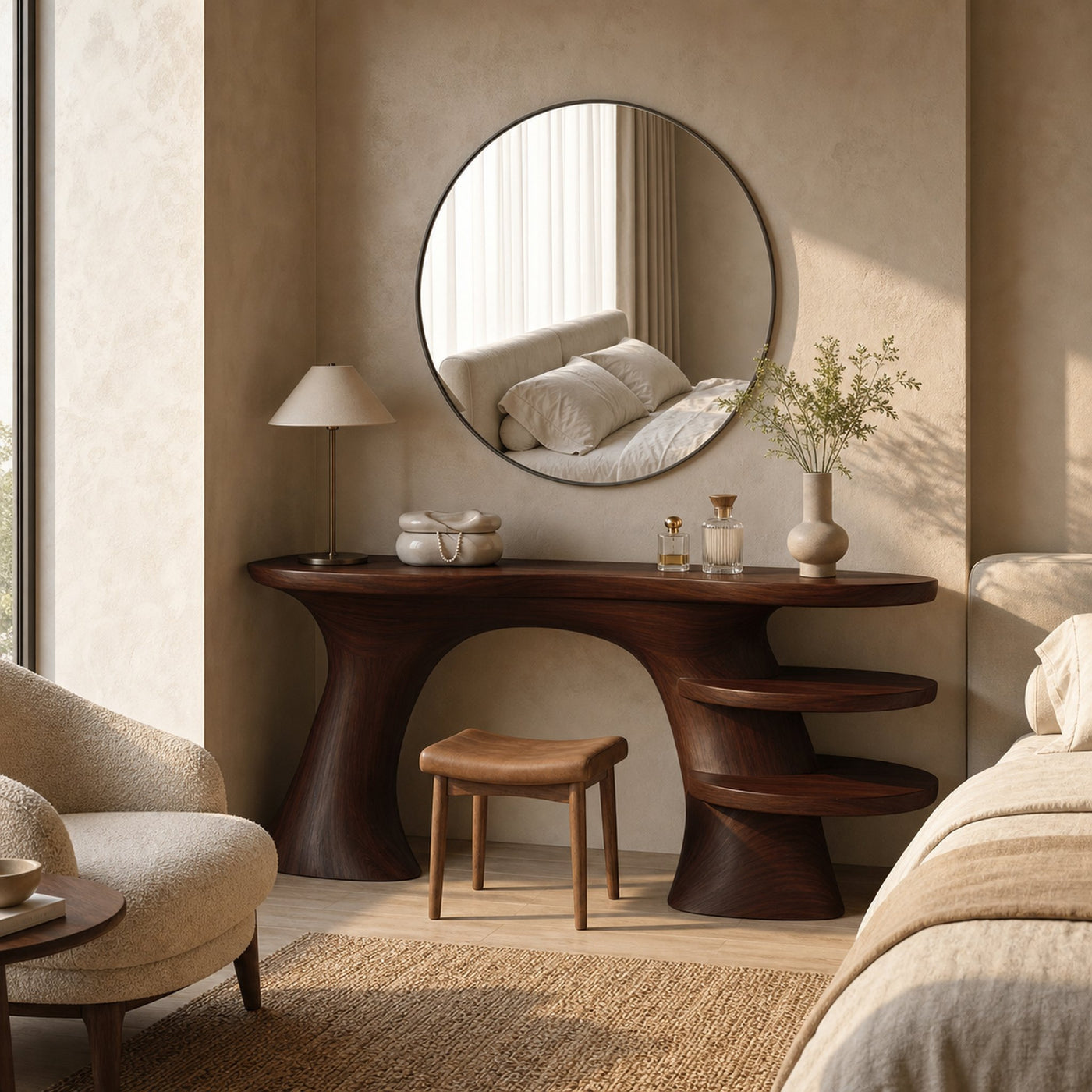Sculptural Organic Dressing Table With Shelves For Bedroom Decor