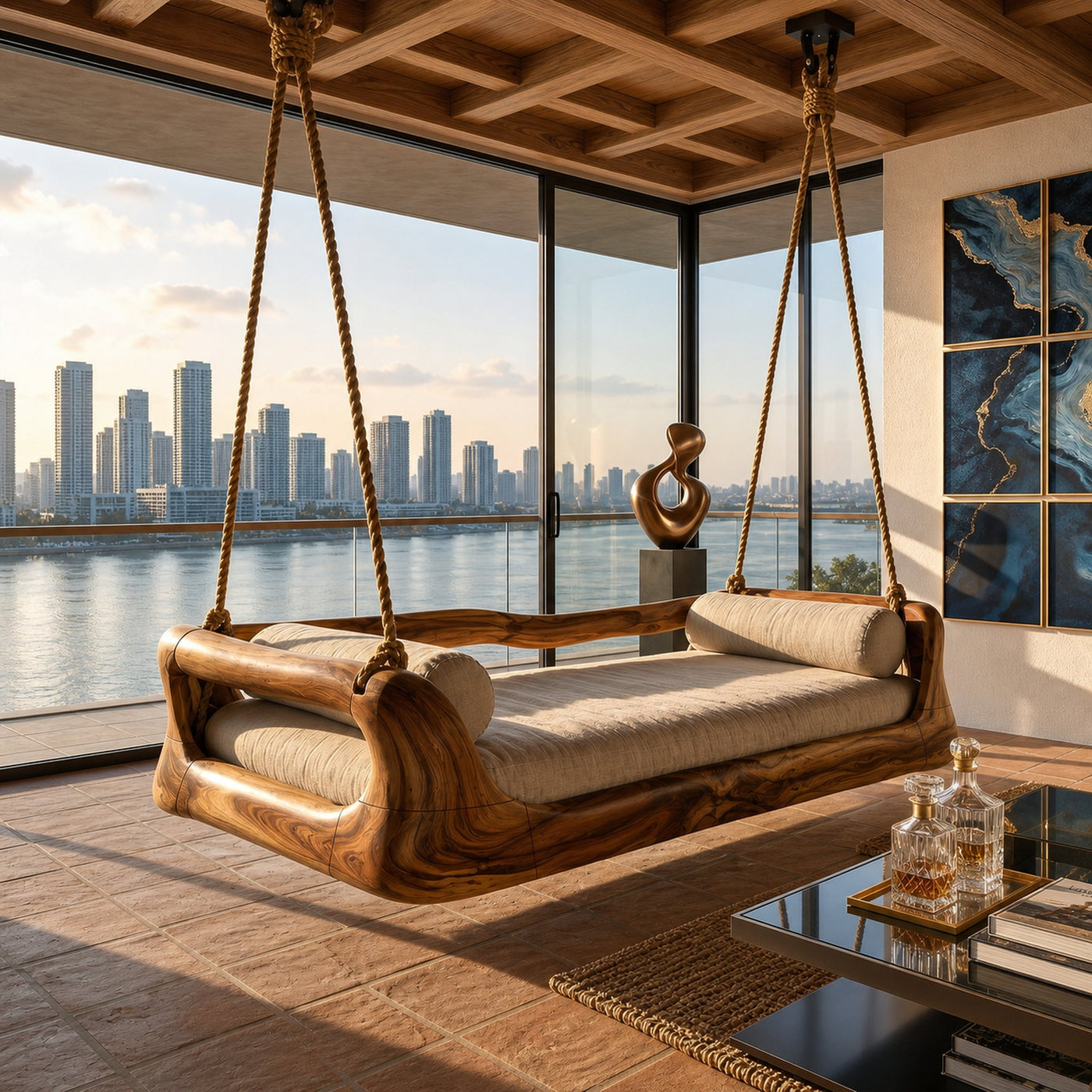 Sculptural Organic Wood Hanging Daybed Swing Penthouse Balcony