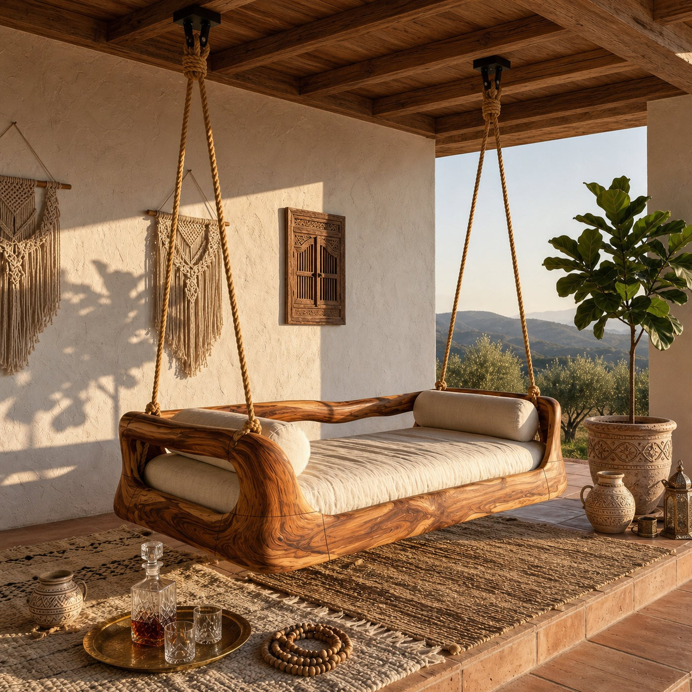 Sculptural Organic Wood Hanging Daybed Swing Penthouse Balcony - product view 6
