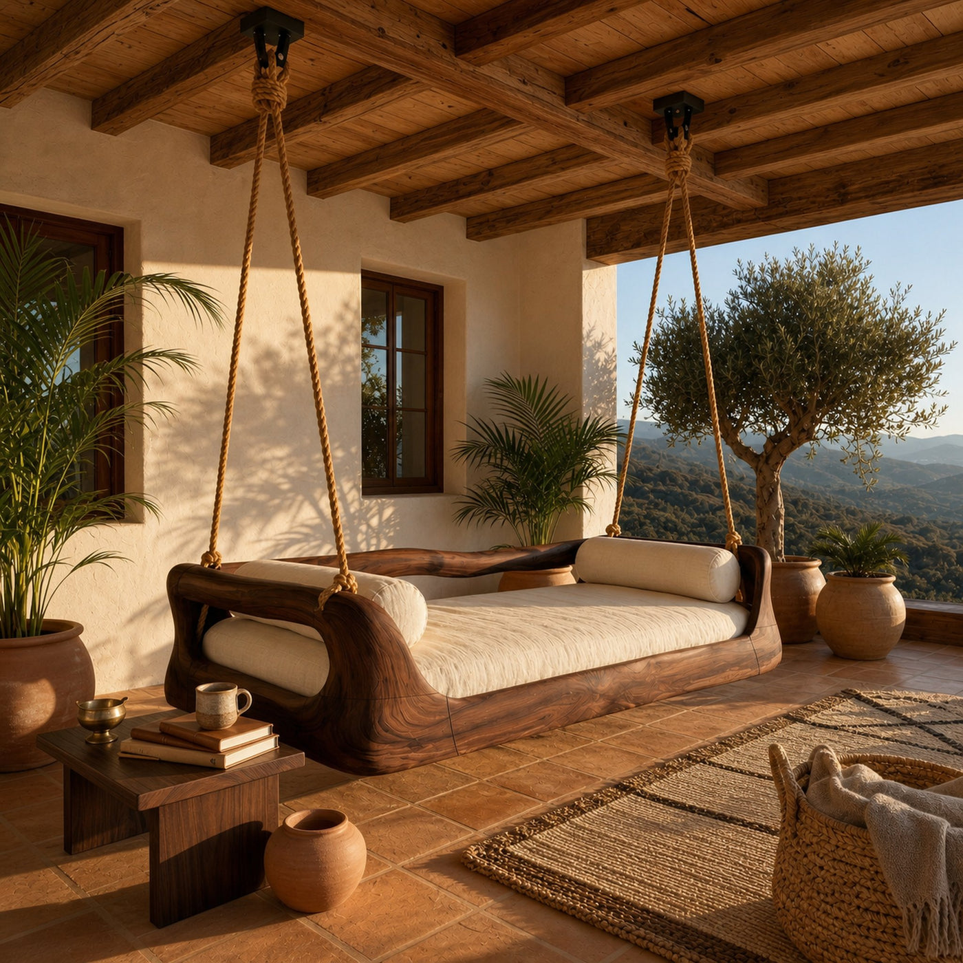 Sculptural Organic Wood Hanging Daybed Swing Penthouse Balcony - product view 7
