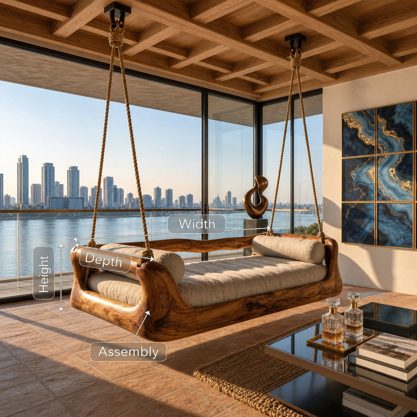 Sculptural Organic Wood Hanging Daybed Swing Penthouse Balcony - product view 8
